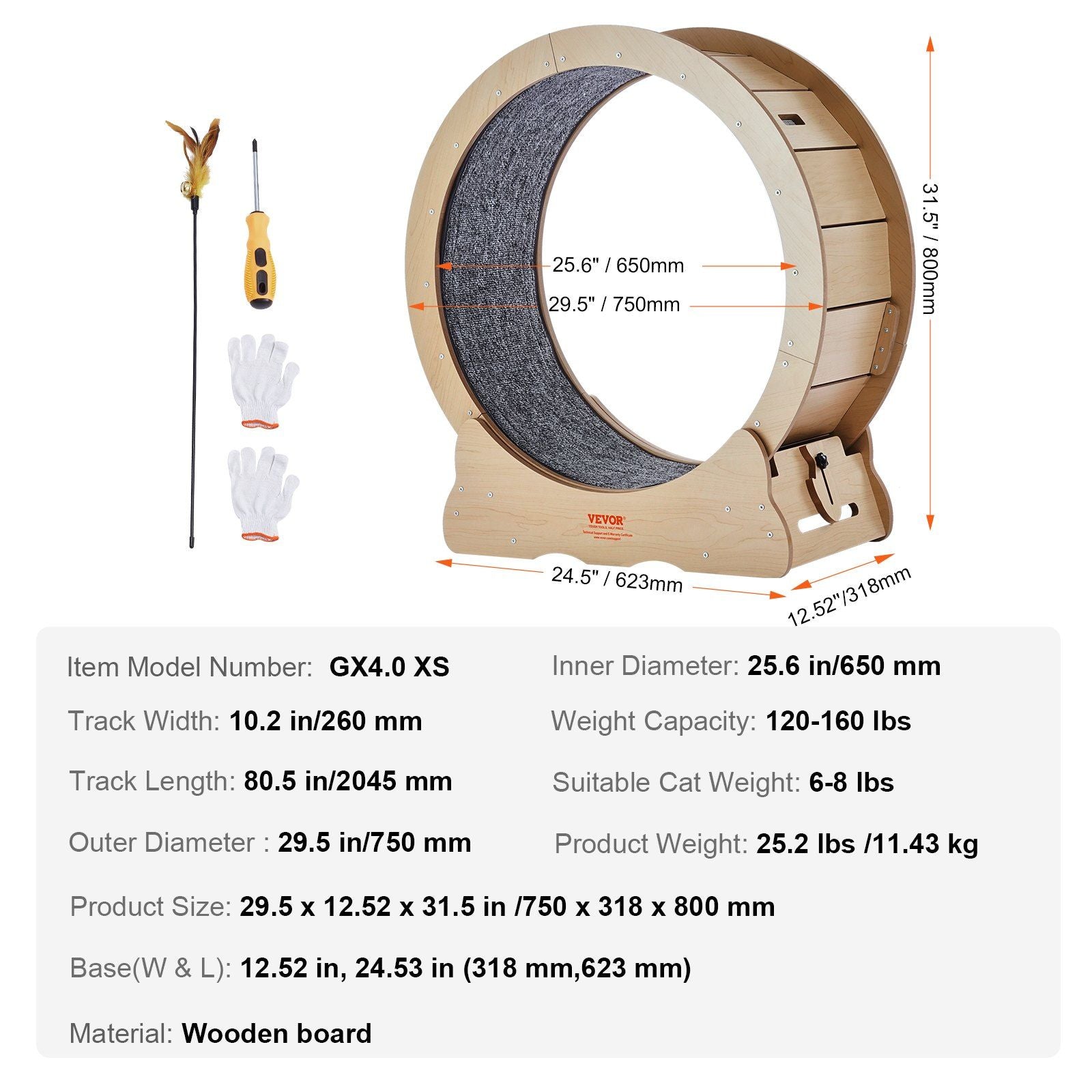 Large cat exercise wheel made of wooden board with dimensions and accessories included for cat fitness