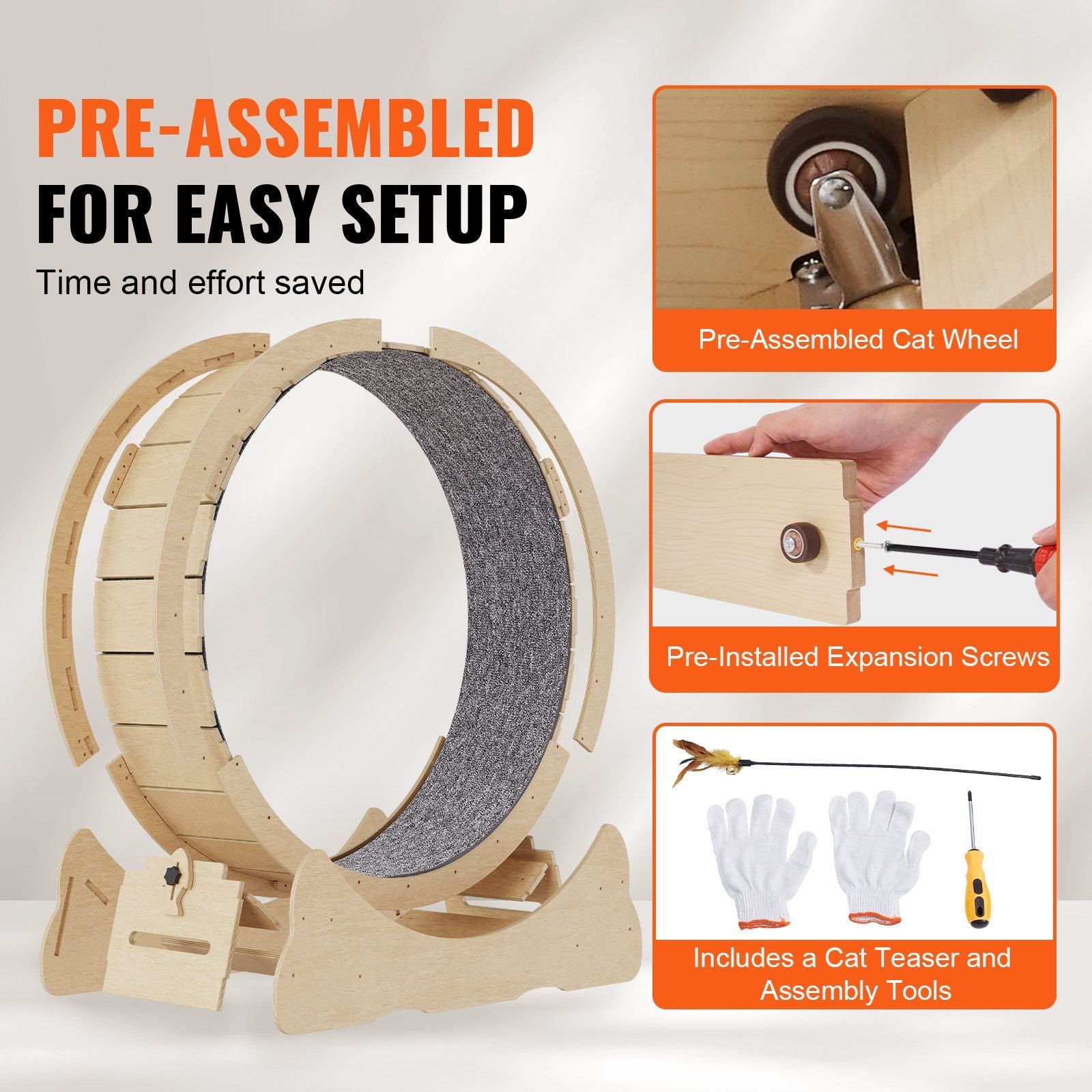 Pre-assembled large cat exercise wheel with pre-installed screws and included cat teaser and assembly tools