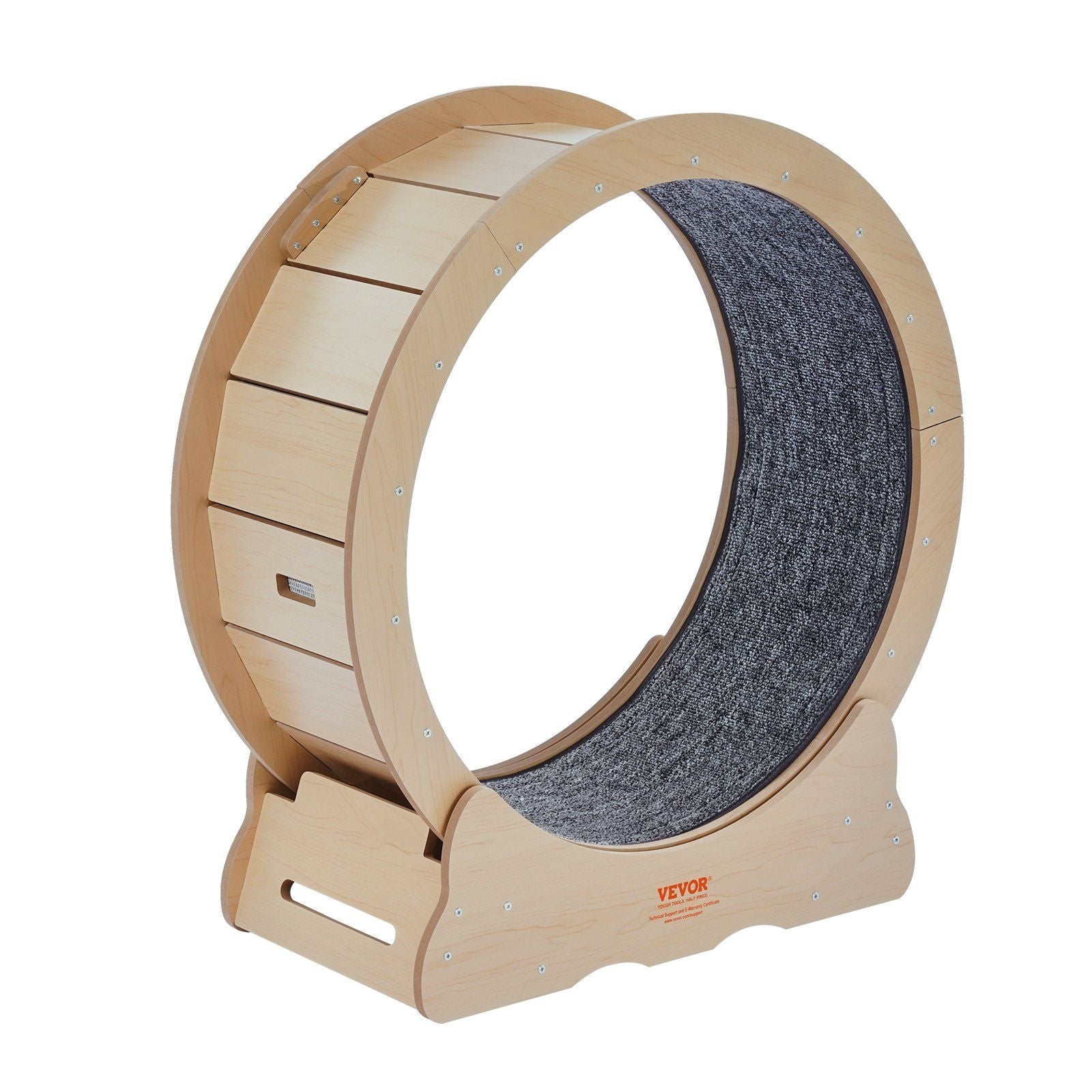 Large cat exercise wheel made of light wood with a gray textured running surface for indoor pet fitness