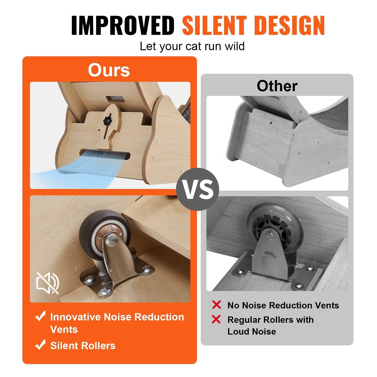 Comparison of PawCounter.com large cat exercise wheel with silent design versus noisy competitor wheel