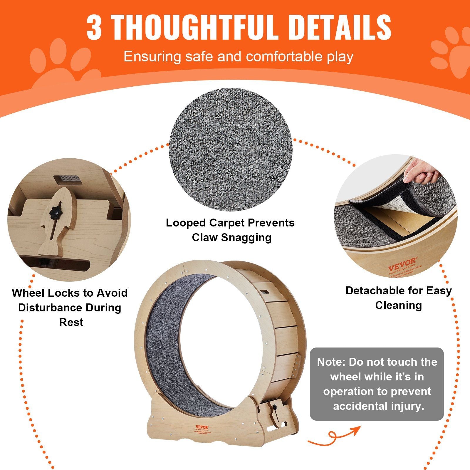 Large cat exercise wheel with looped carpet, wheel lock, and detachable design for easy cleaning
