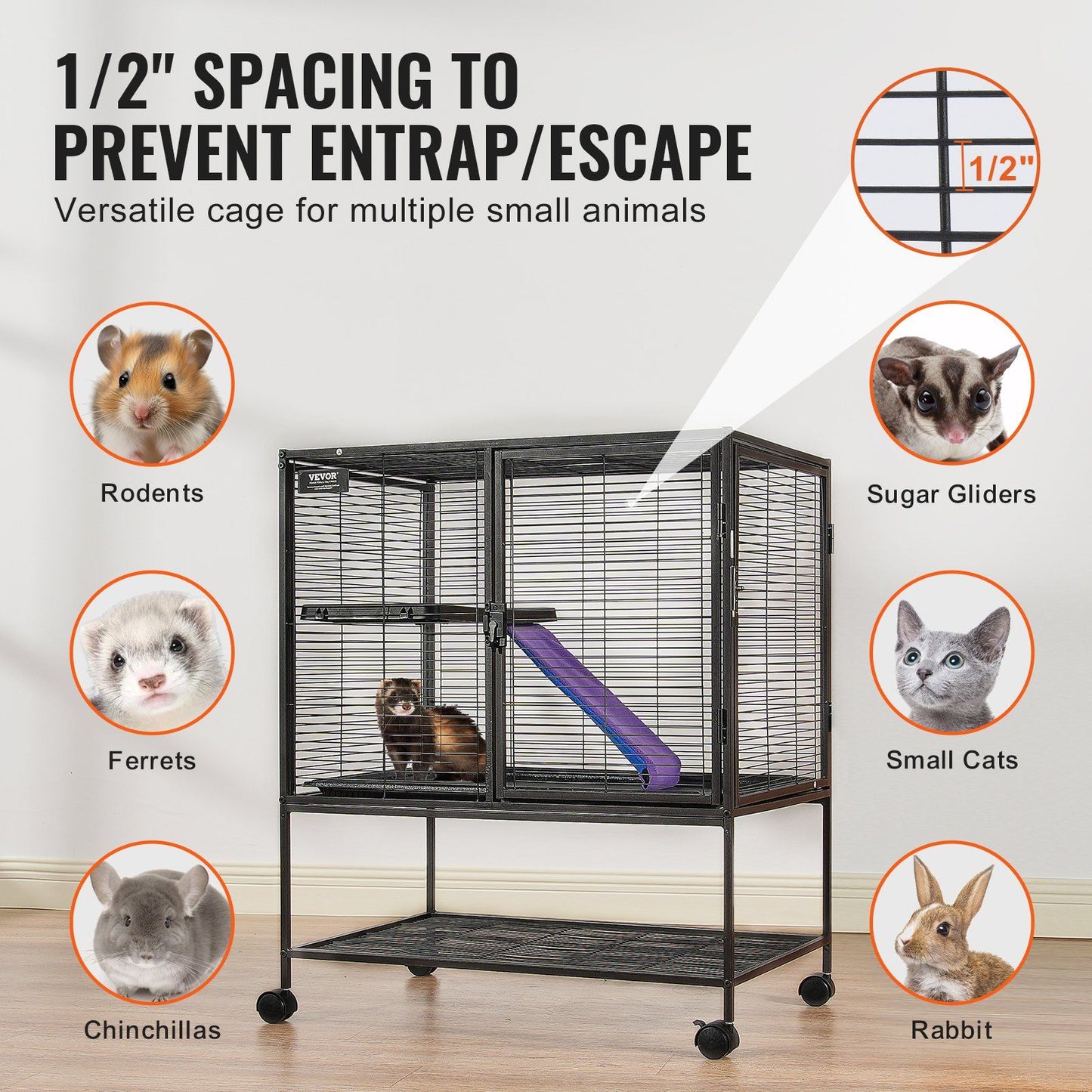 Metal ferret cage with wheels featuring 1/2 inch spacing ideal for ferrets, rodents, sugar gliders, small cats, chinchillas, and rabbits