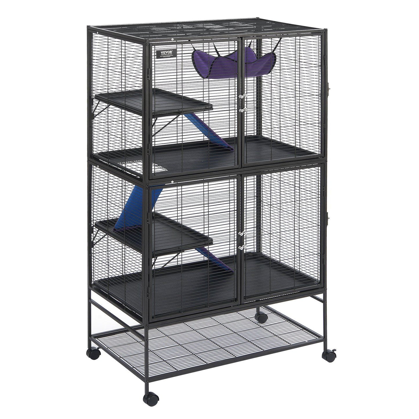 Black metal ferret cage with wheels featuring multiple shelves ramps and a purple hanging hammock for small pets