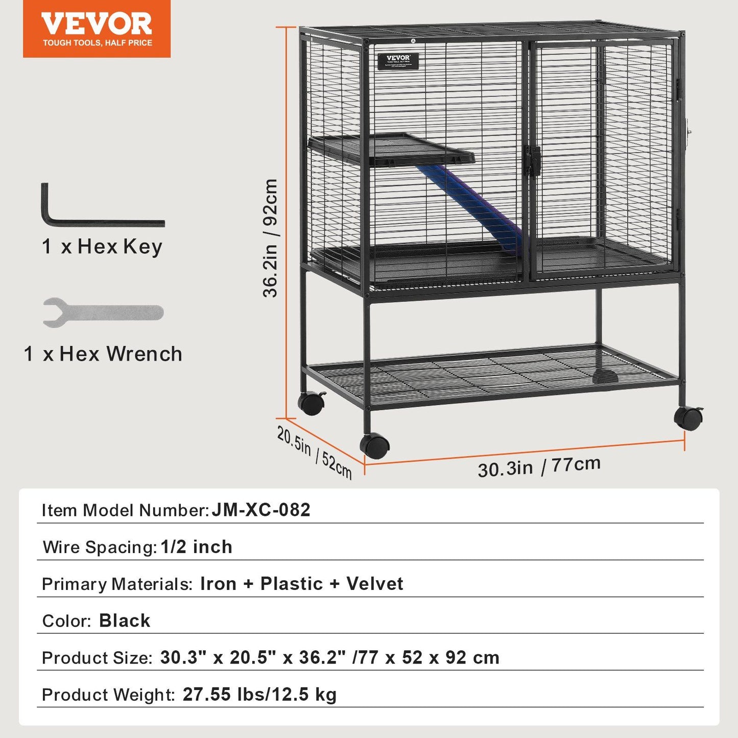 Black metal ferret cage with wheels, including hex key and hex wrench, measuring 30 by 20 by 36 inches
