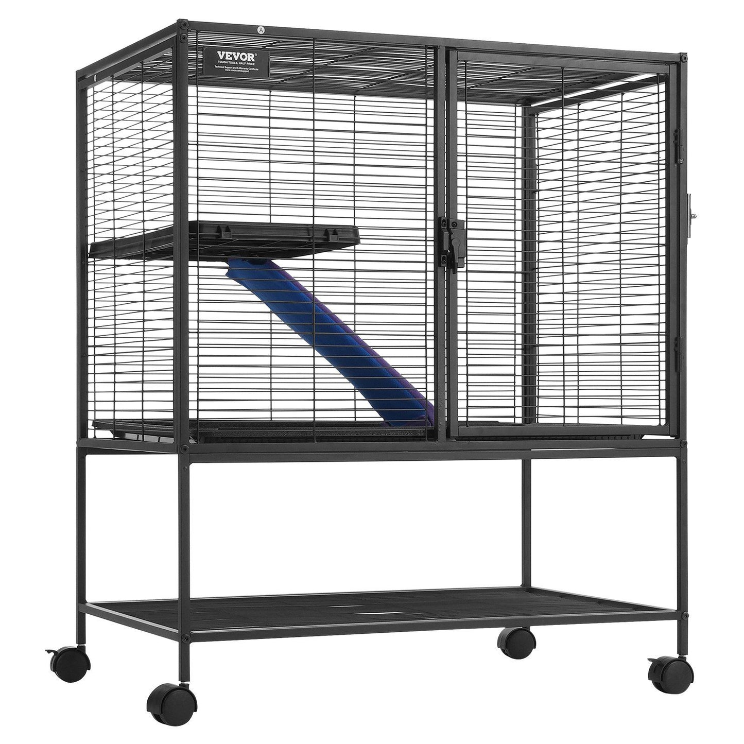 Spacious black metal ferret cage with wheels featuring a ramp and elevated platform