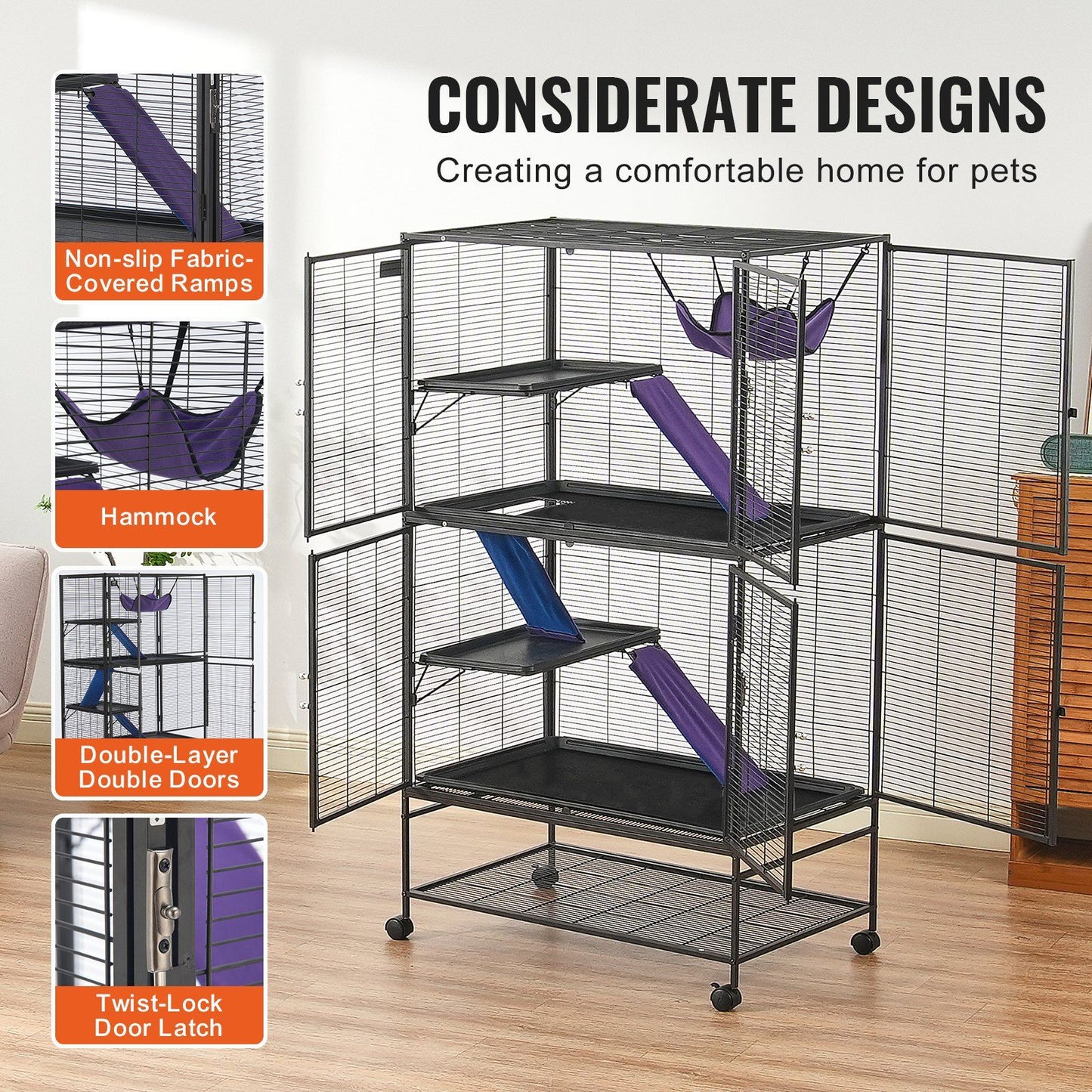 Metal ferret cage with wheels featuring non-slip ramps, hammock, double-layer doors, and twist-lock latch