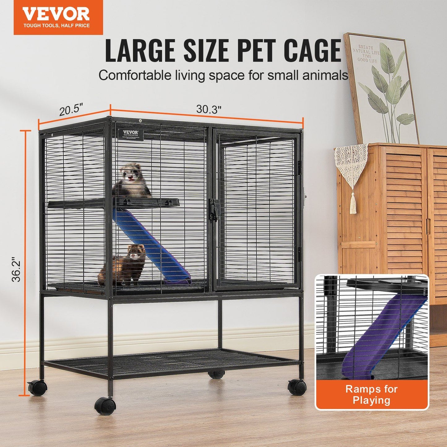 Large metal ferret cage with wheels featuring ramps and spacious living area for small animals
