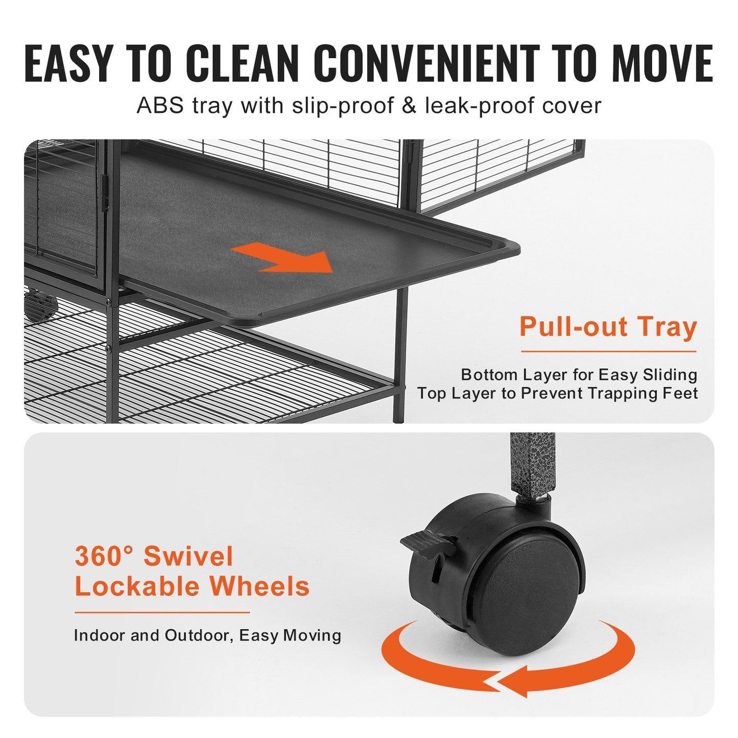 Metal ferret cage with wheels featuring a pull-out tray and 360 degree swivel lockable wheels for easy cleaning and moving