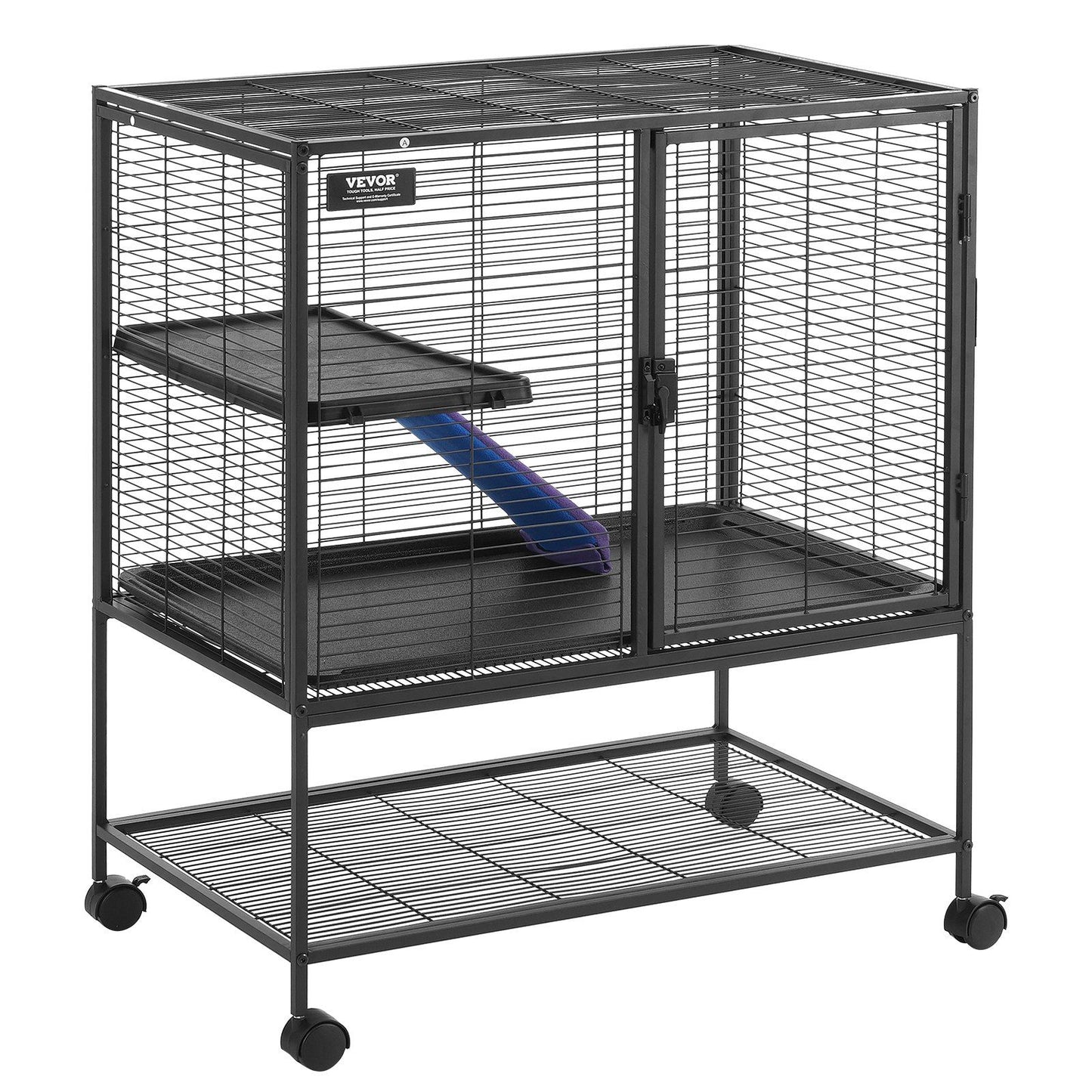Metal ferret cage with wheels featuring multiple levels and a spacious interior for small pets
