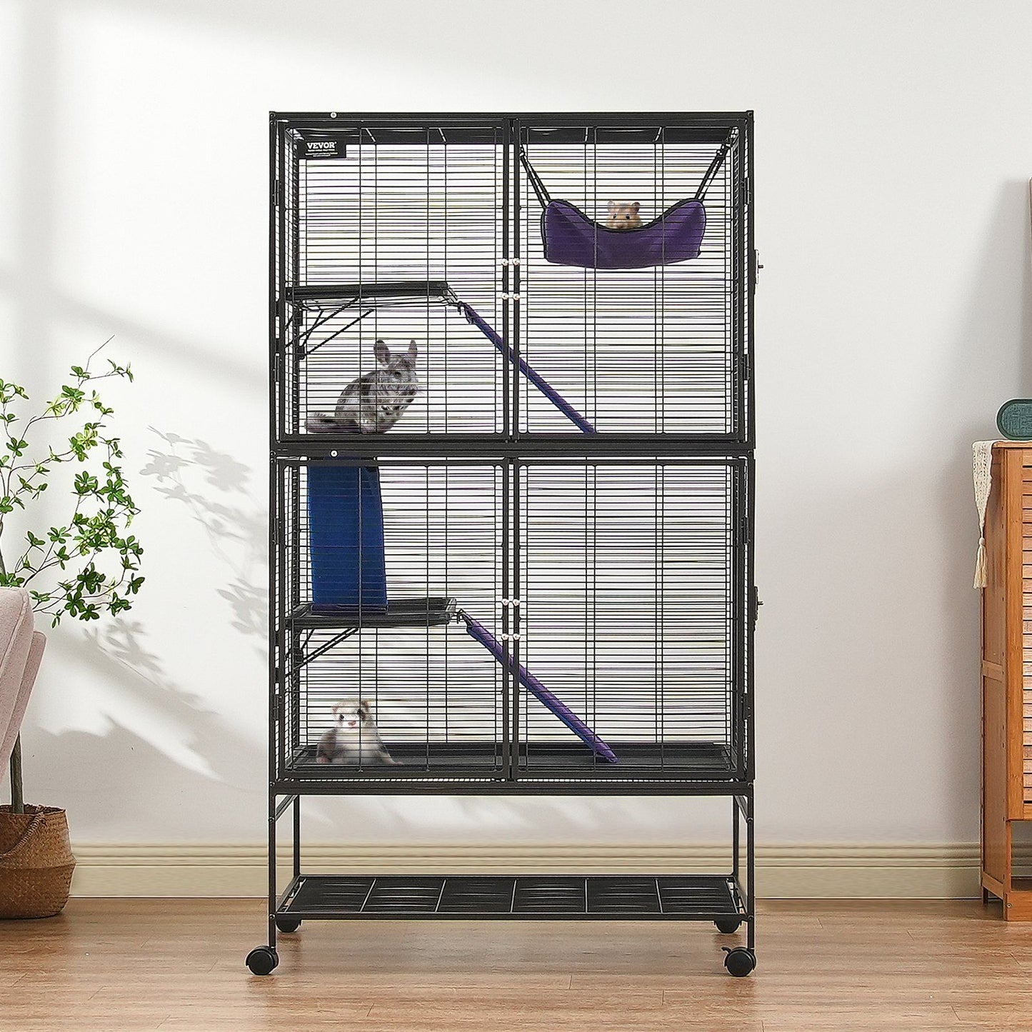 Spacious metal ferret cage with wheels featuring multiple levels and ramps for small pets