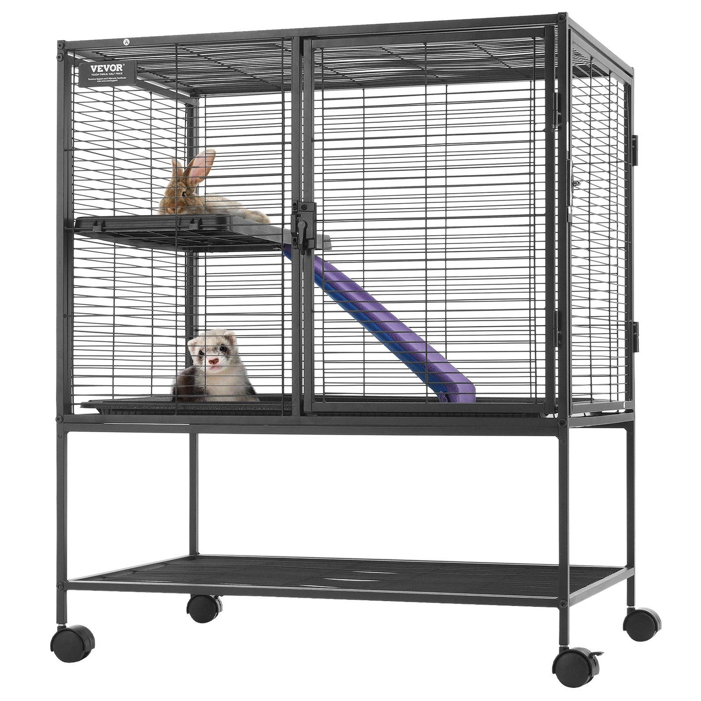 Metal ferret cage with wheels featuring a spacious two-level design and a purple ramp for small pets