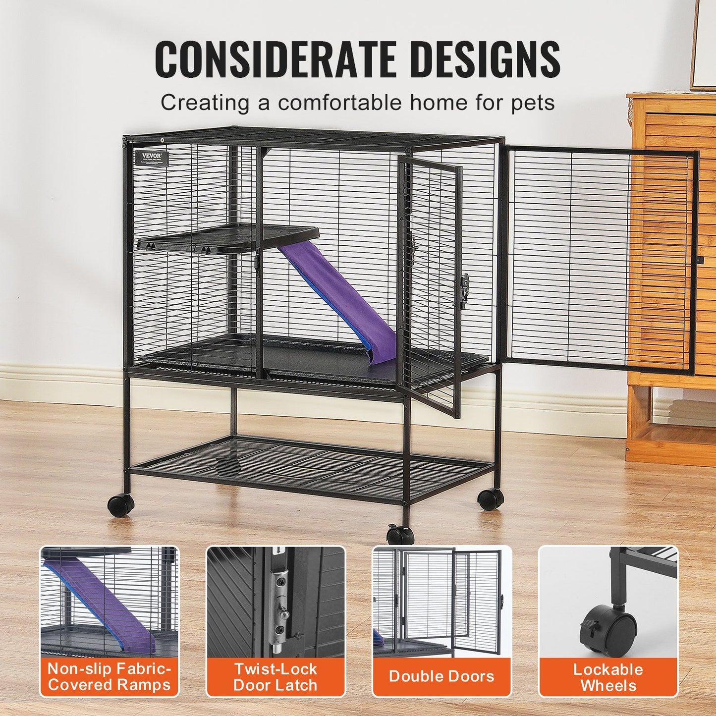 Black metal ferret cage with wheels featuring double doors, lockable wheels, twist-lock door latch, and fabric-covered ramps
