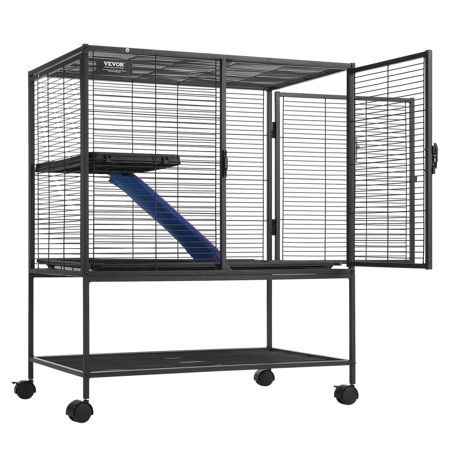 Black metal ferret cage with wheels featuring a ramp, open front door, and bottom storage shelf