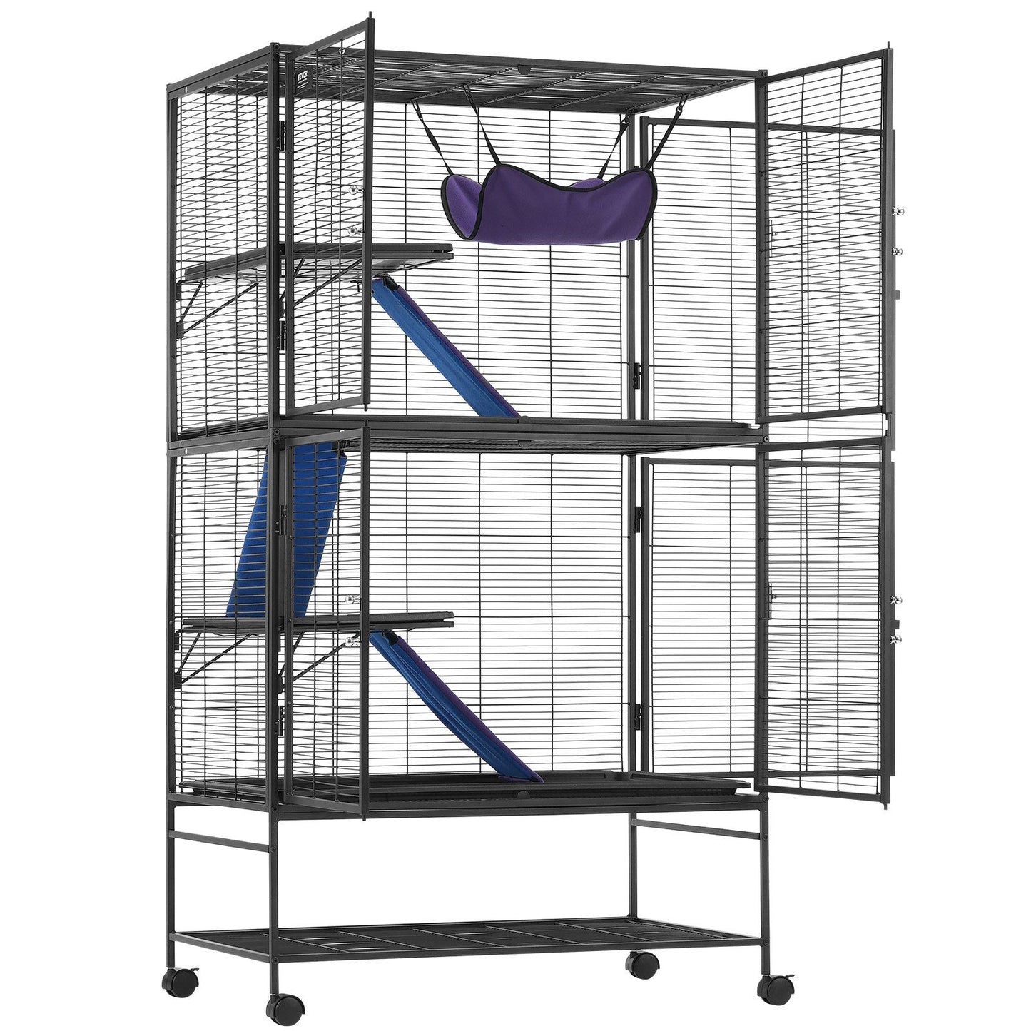 Large metal ferret cage with wheels featuring multiple levels ramps and a hanging hammock for small pets