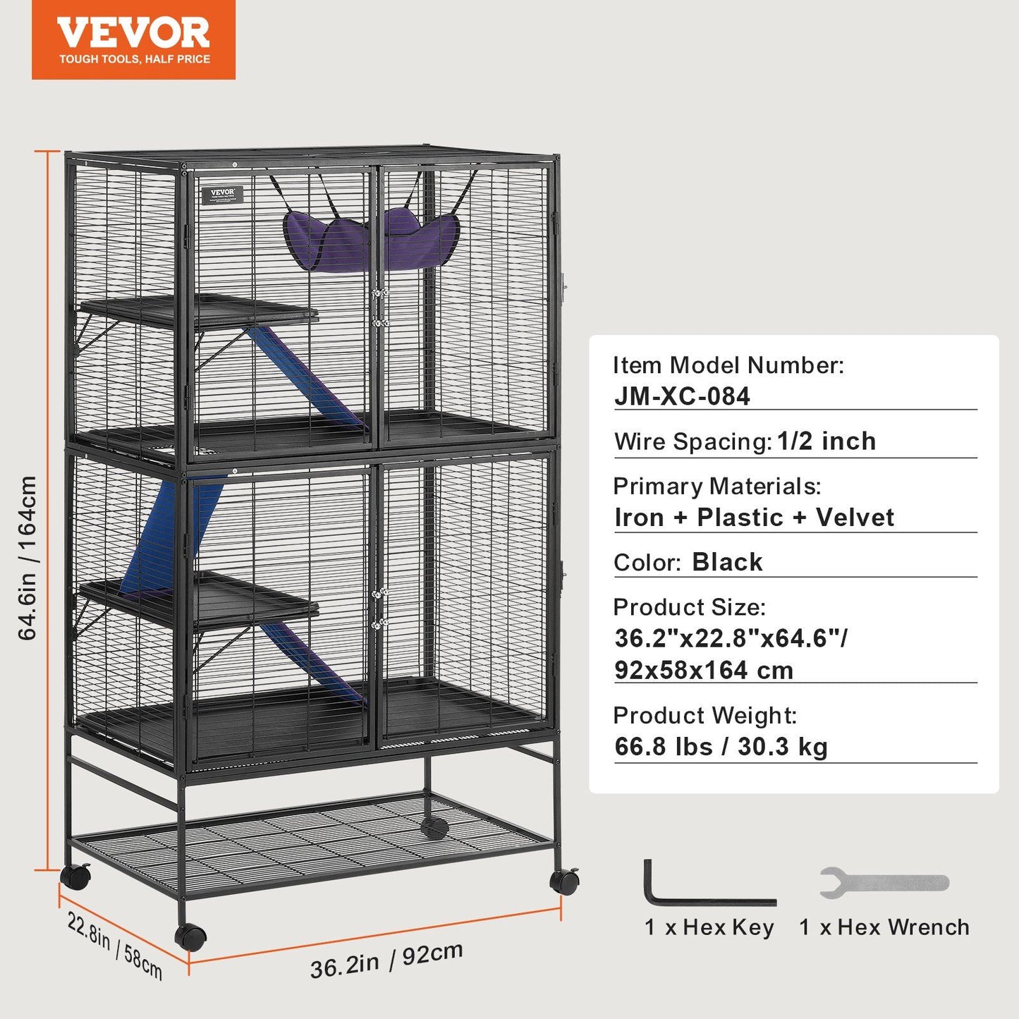Black metal ferret cage with wheels featuring multiple levels, ramps, and a hanging hammock