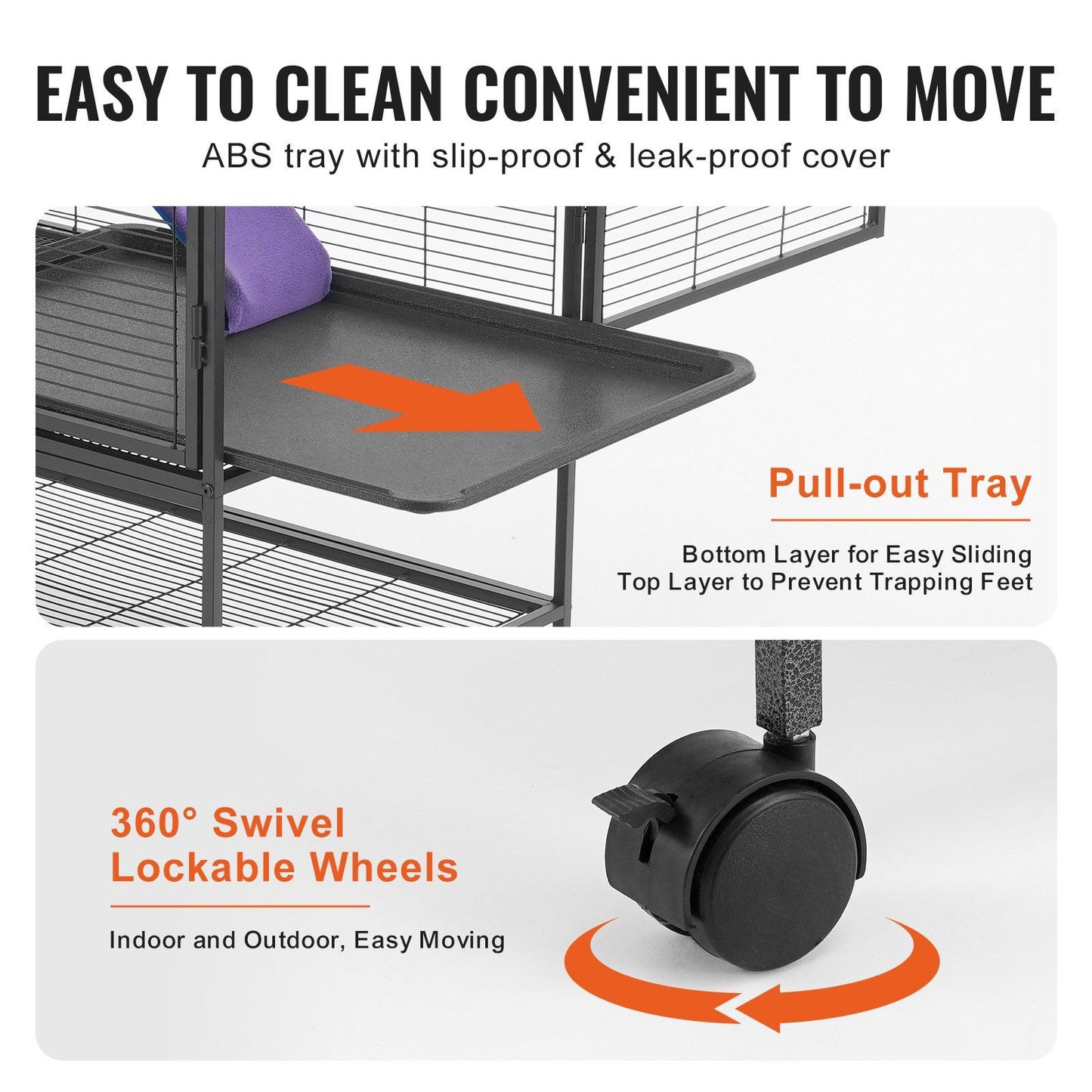 Metal ferret cage with wheels featuring a pull-out ABS tray and 360-degree swivel lockable wheels for easy cleaning and movement