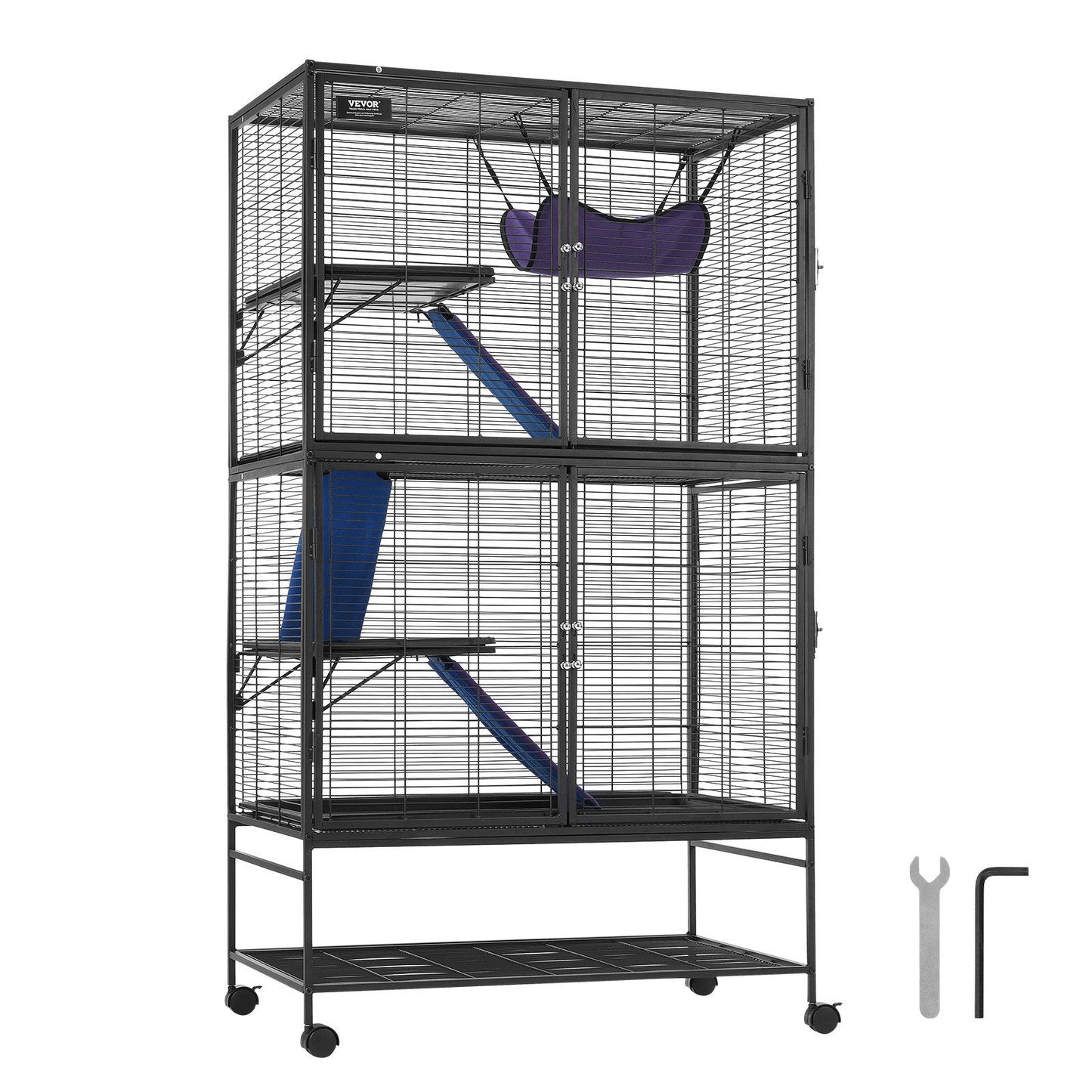 Large metal ferret cage with wheels featuring multiple levels, ramps, and hanging hammock for pets