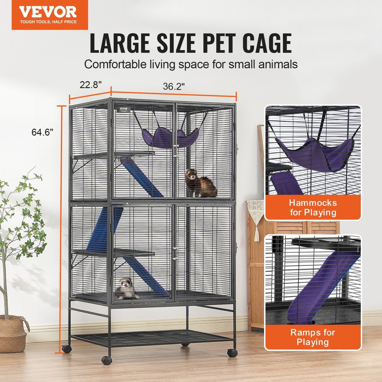Large metal ferret cage with wheels featuring ramps and hammocks for small animals
