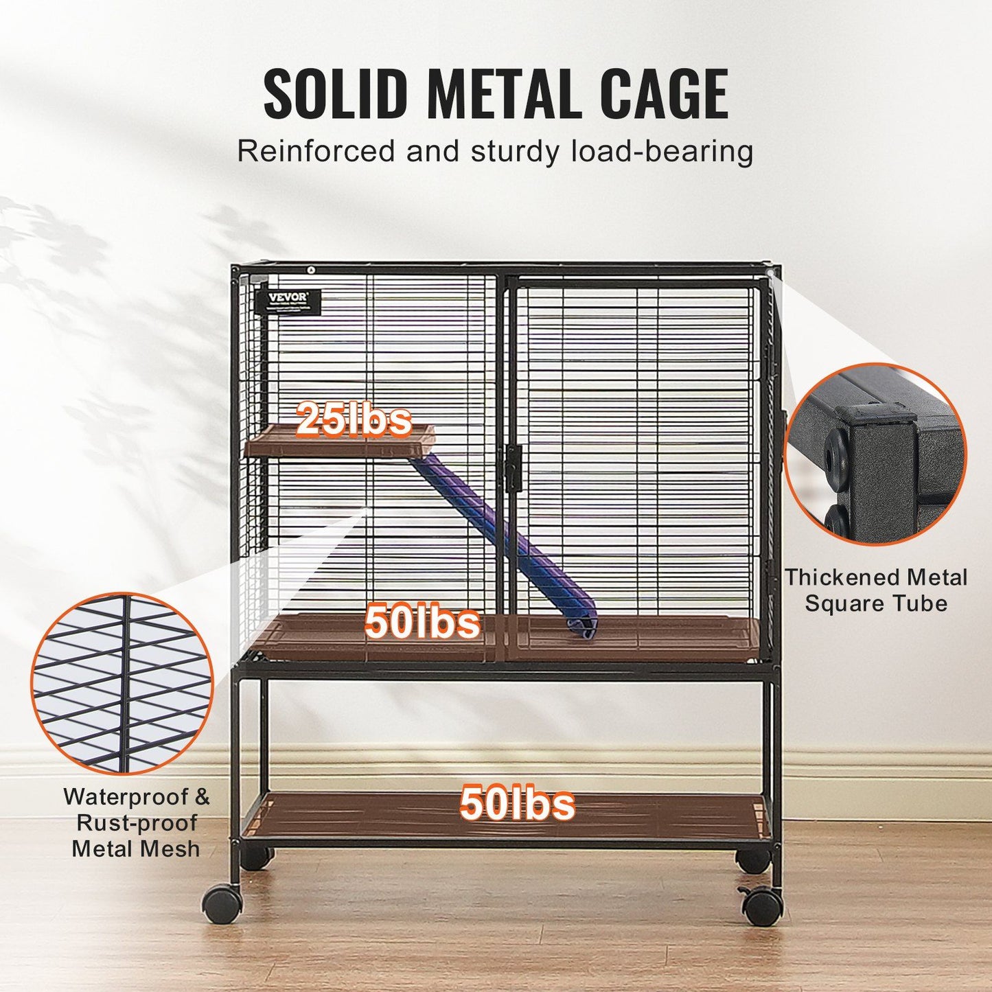 Solid metal ferret cage with wheels featuring reinforced waterproof rust-proof metal mesh and thickened square tube frame