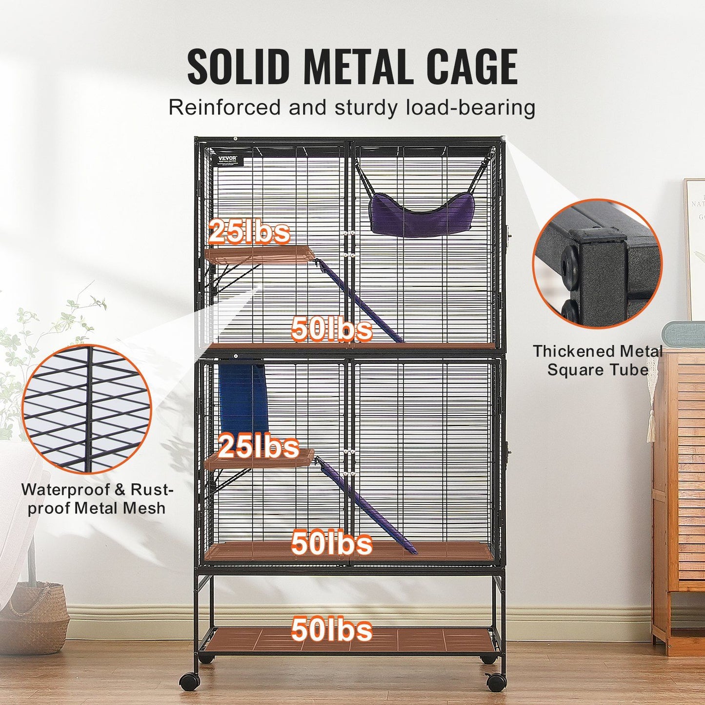 Solid metal ferret cage with wheels featuring reinforced metal mesh and thickened metal square tubes