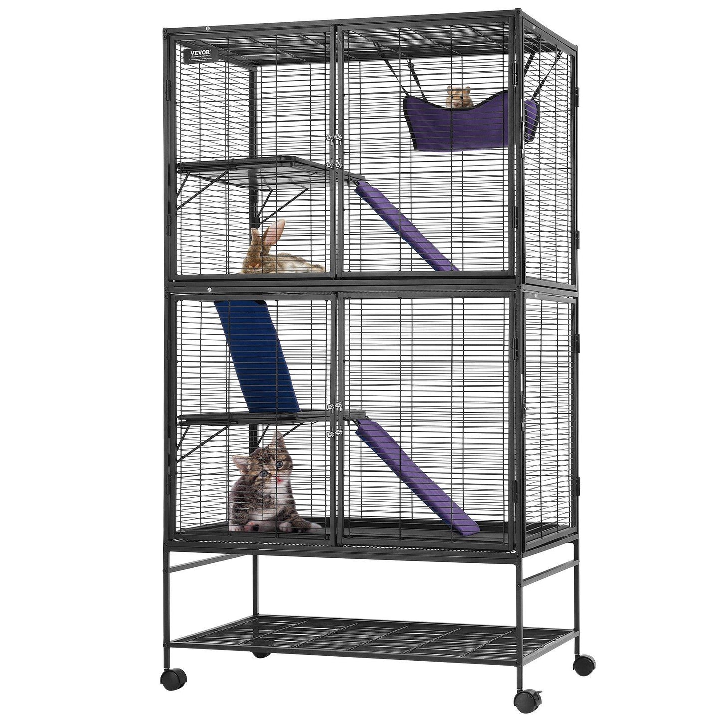 Metal ferret cage with wheels featuring two levels, ramps, and resting areas for small pets