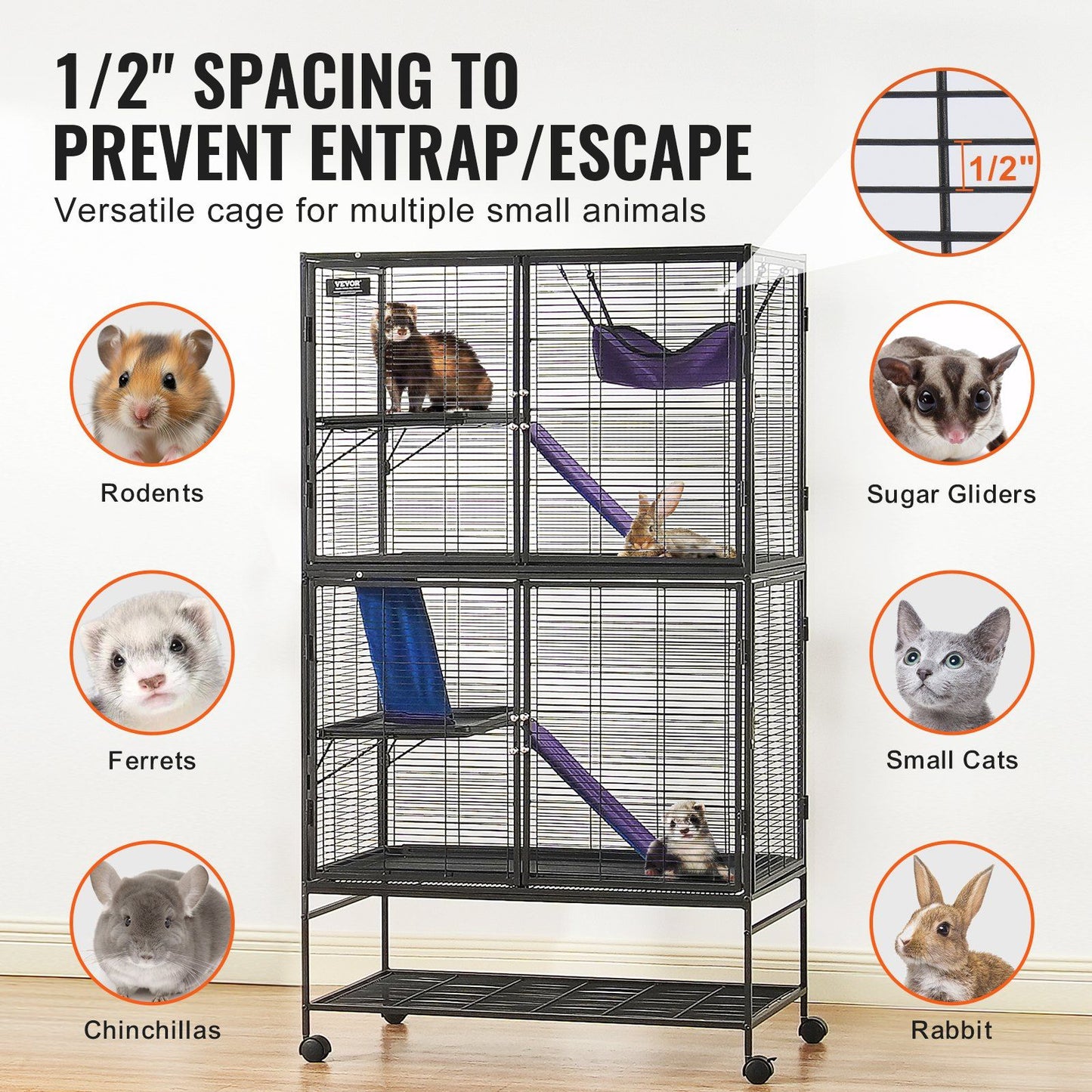 Metal ferret cage with wheels featuring 1/2 inch spacing for small animals like ferrets, rodents, and rabbits