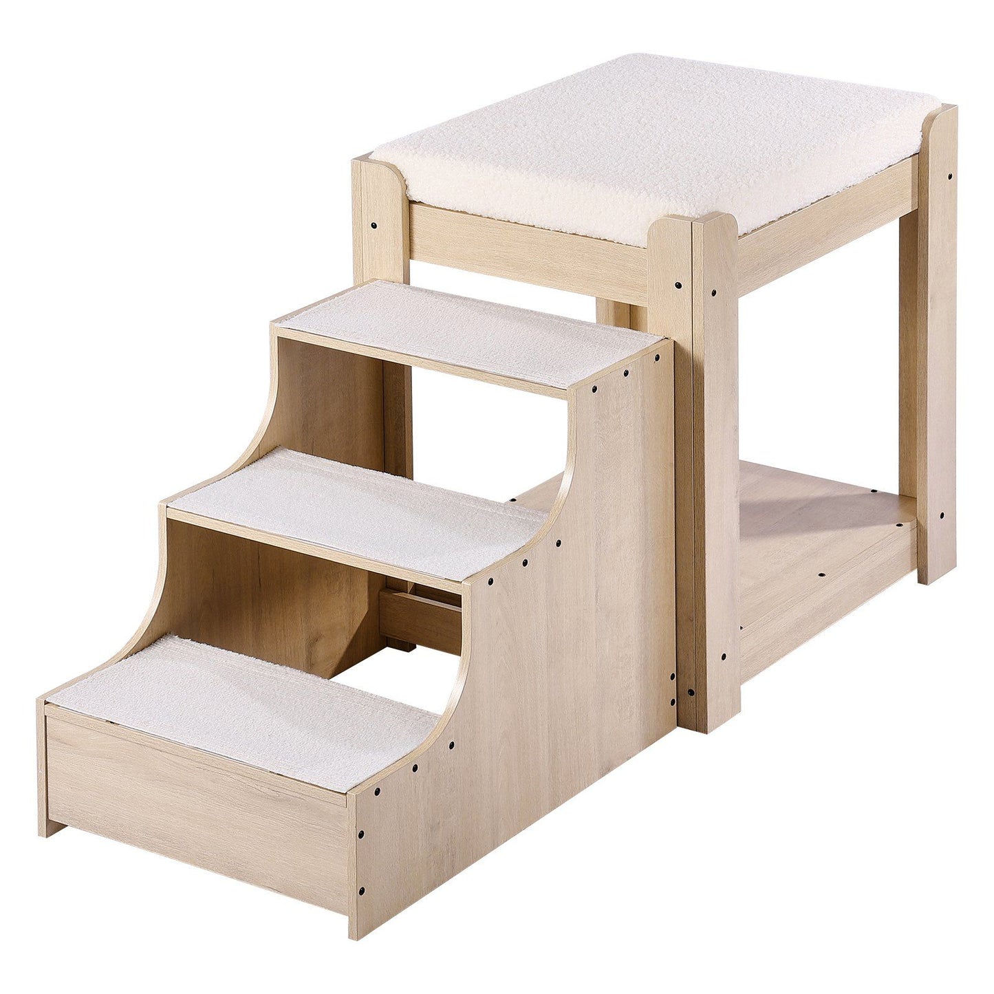 PawCounter.com pet bunk bed with stairs in light wood with soft white cushions for pets