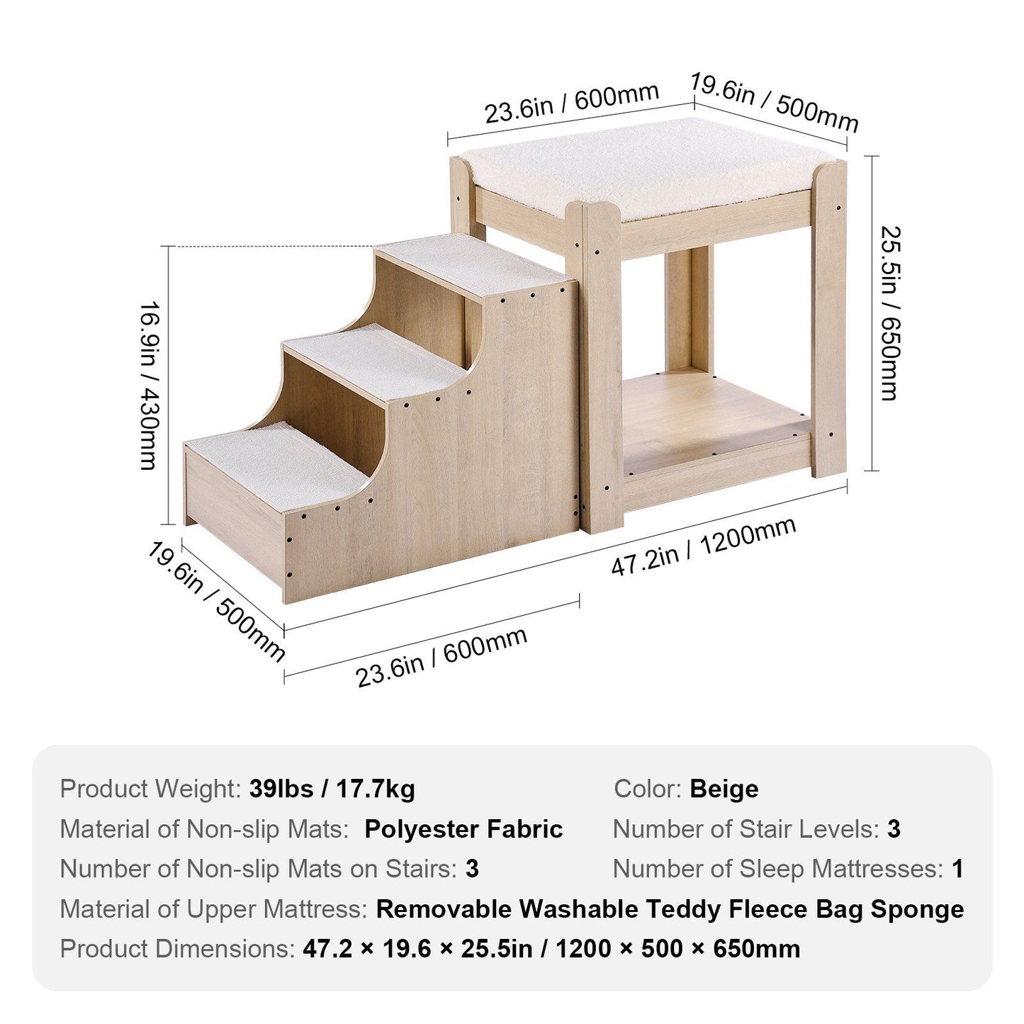 Beige pet bunk bed with stairs featuring three non-slip polyester fabric mats and removable washable teddy fleece sponge mattress