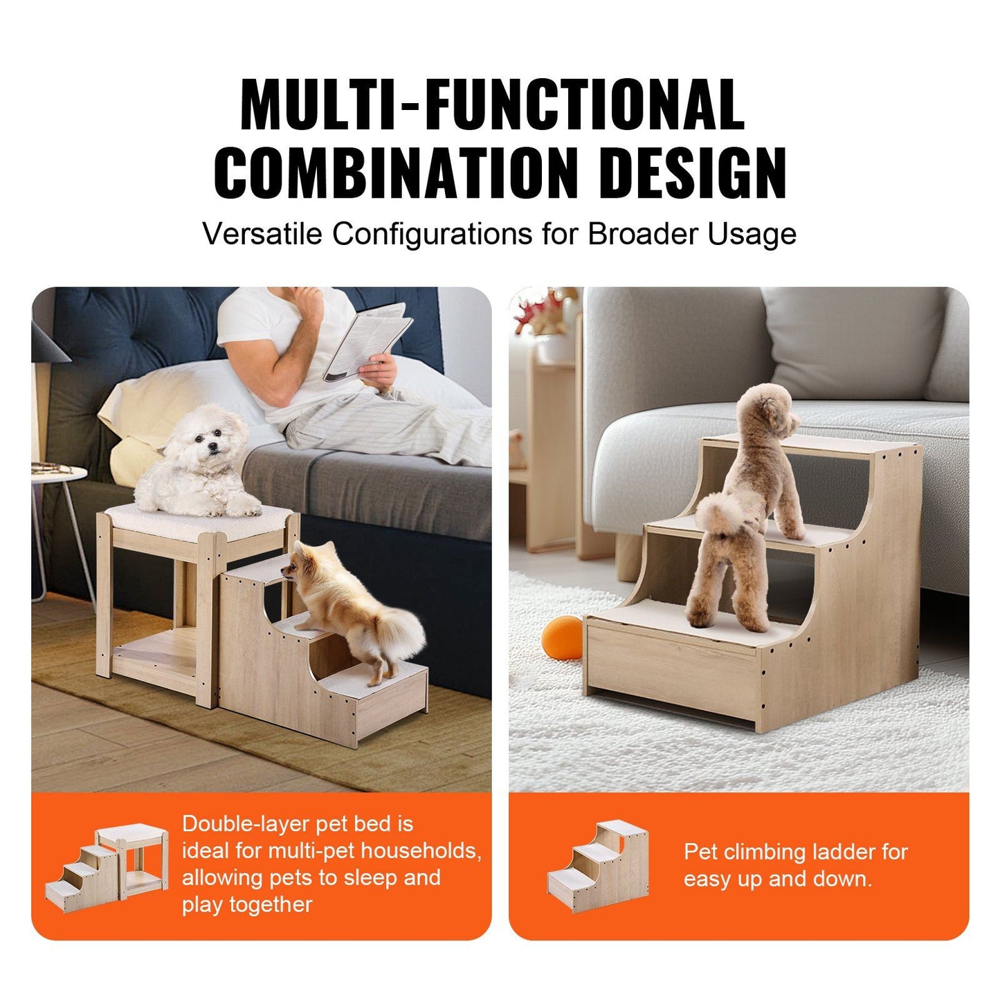 Pet bunk bed with stairs made of wood showing small dogs using steps to climb and rest