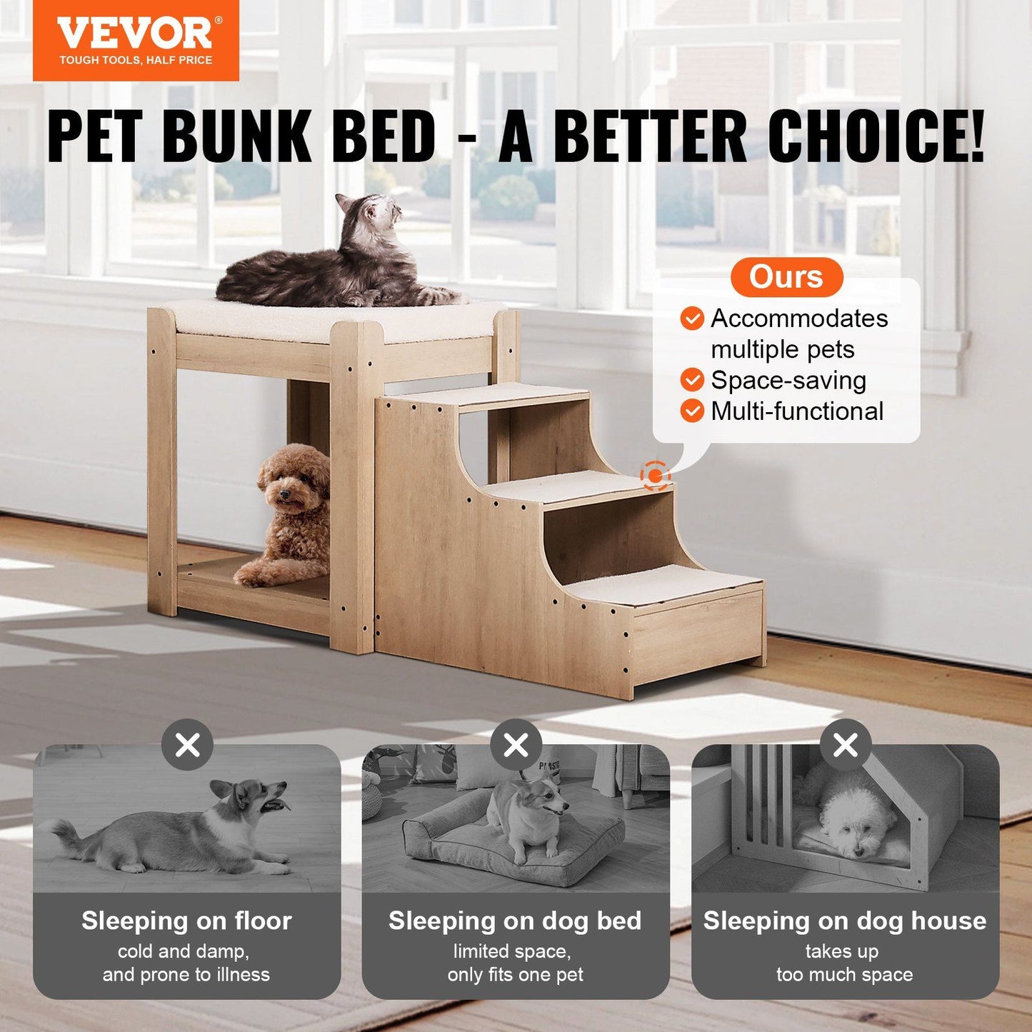 Pet bunk bed with stairs in wood finish accommodates multiple pets with space-saving design