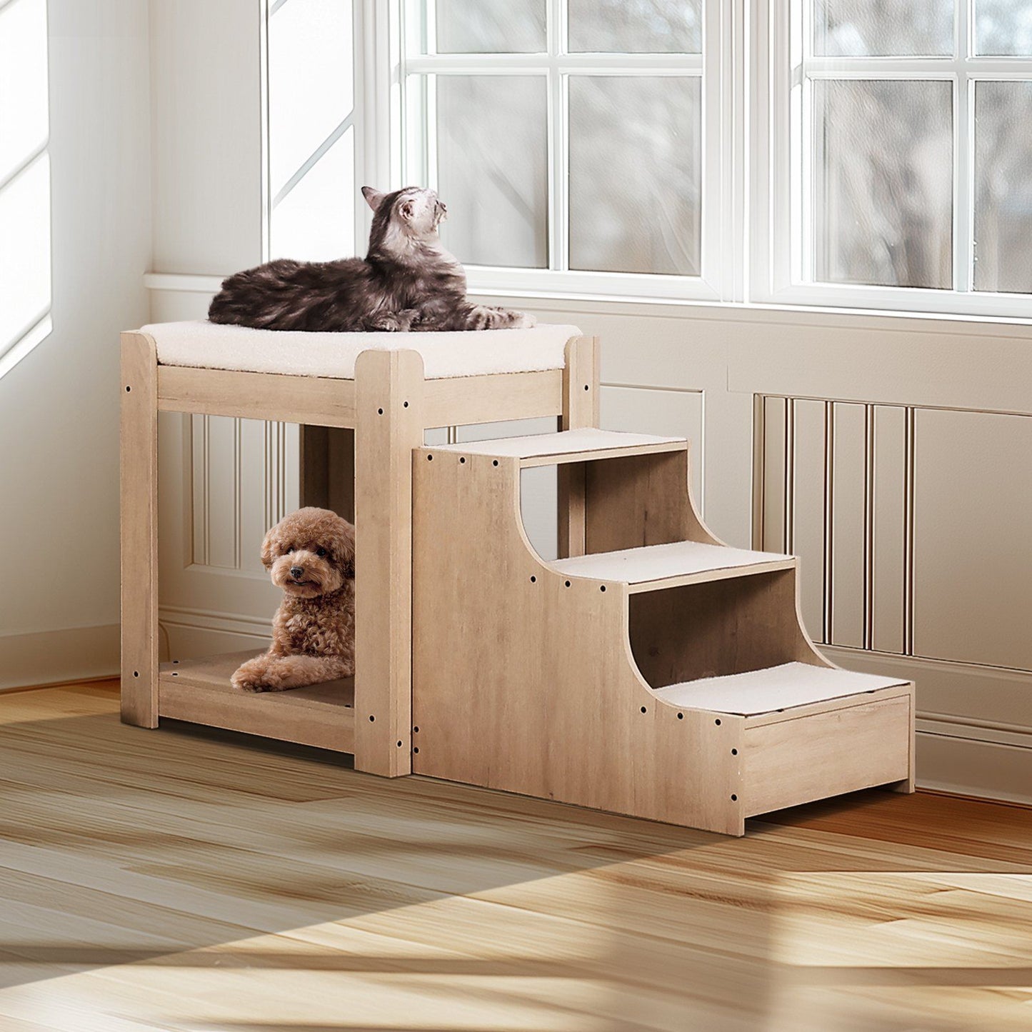 Wooden pet bunk bed with stairs featuring a cat on top and a dog resting underneath in a bright room