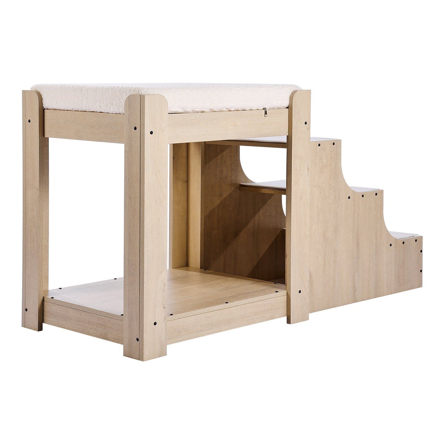 Light wood pet bunk bed with stairs and cushioned top bed for small pets by PawCounter.com