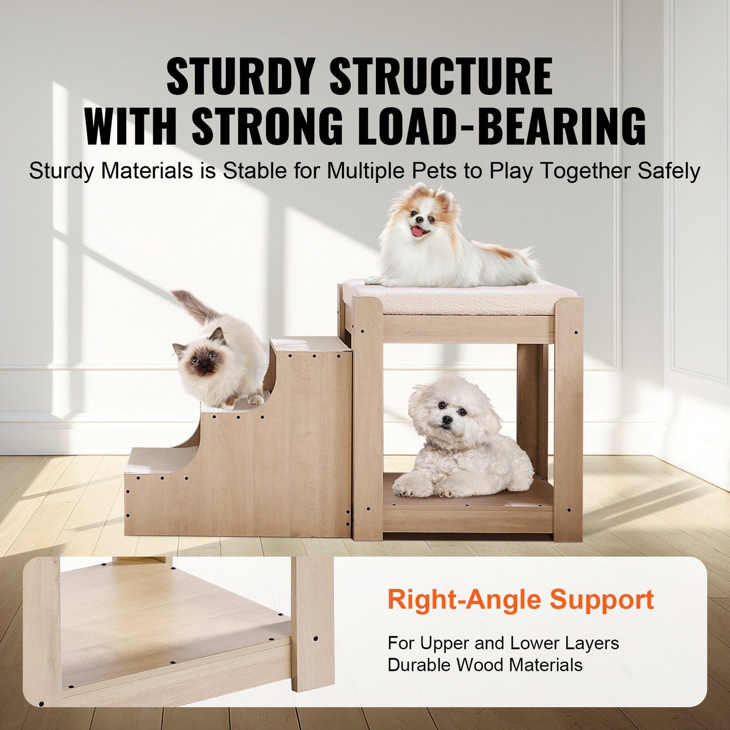 Pet bunk bed with stairs made of durable wood showing multiple pets resting safely on two levels