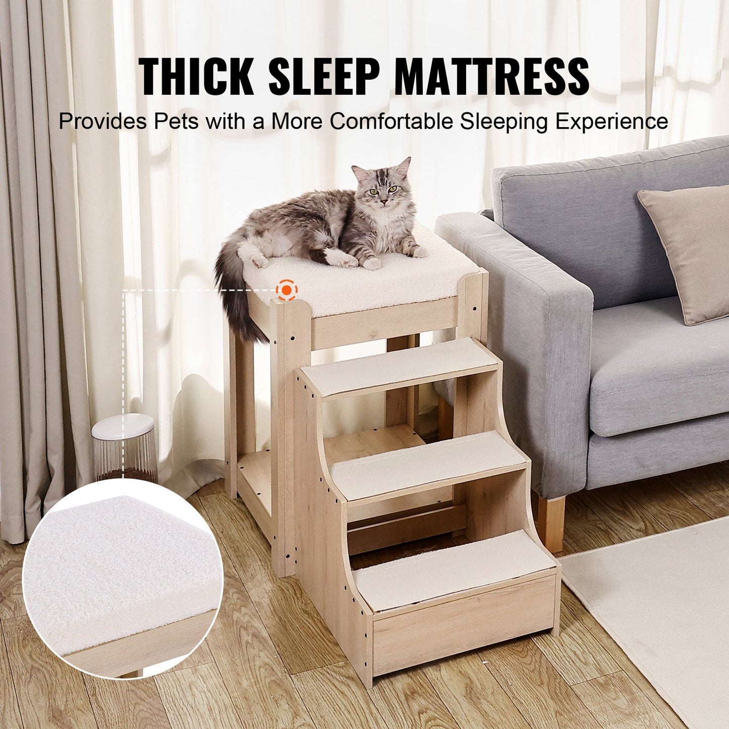 Pet bunk bed with stairs featuring thick sleep mattress with a cat lying on top in living room