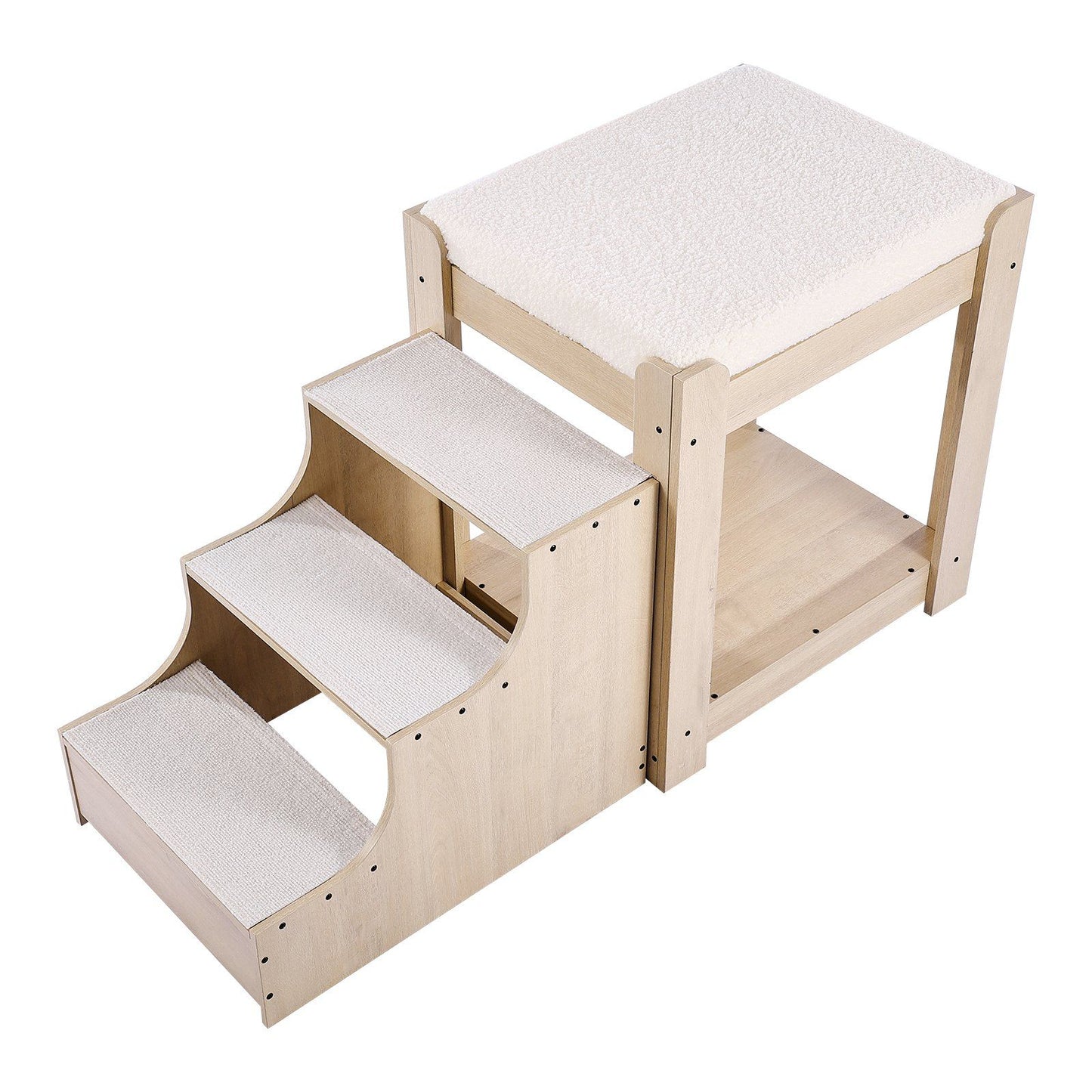 Pet bunk bed with stairs made of light wood and soft white cushions for small pets
