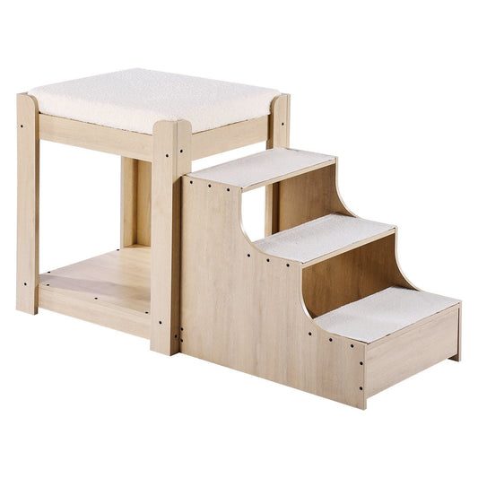 Wooden pet bunk bed with stairs featuring cushioned steps and a cozy top platform