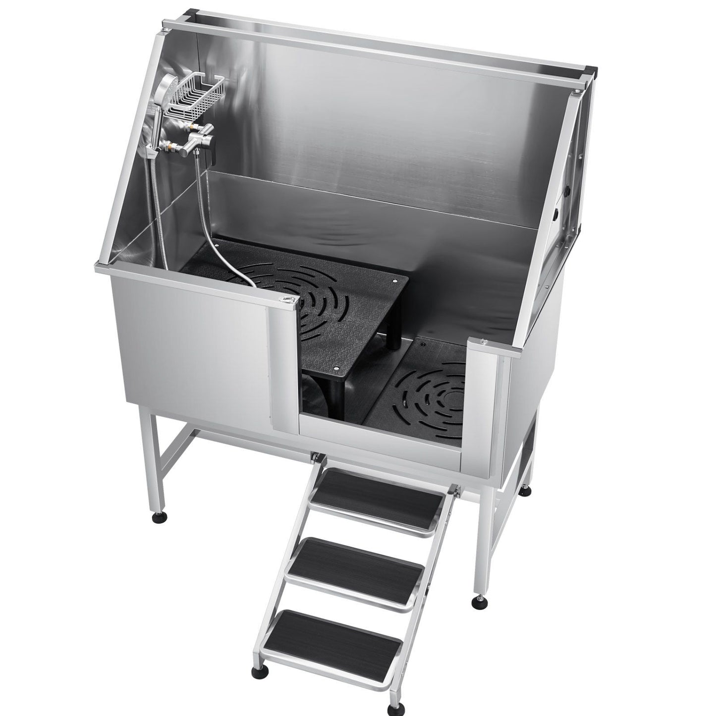 Stainless steel dog grooming tub with steps and drainage system for easy pet baths