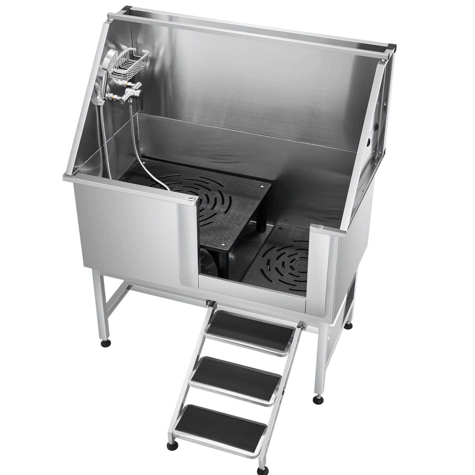 Stainless steel dog grooming tub with steps and drainage system for easy pet baths