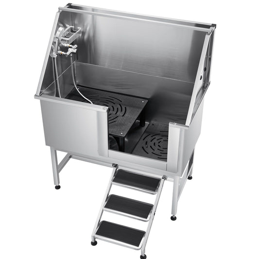 Stainless steel dog grooming tub with steps and drainage system for easy pet baths