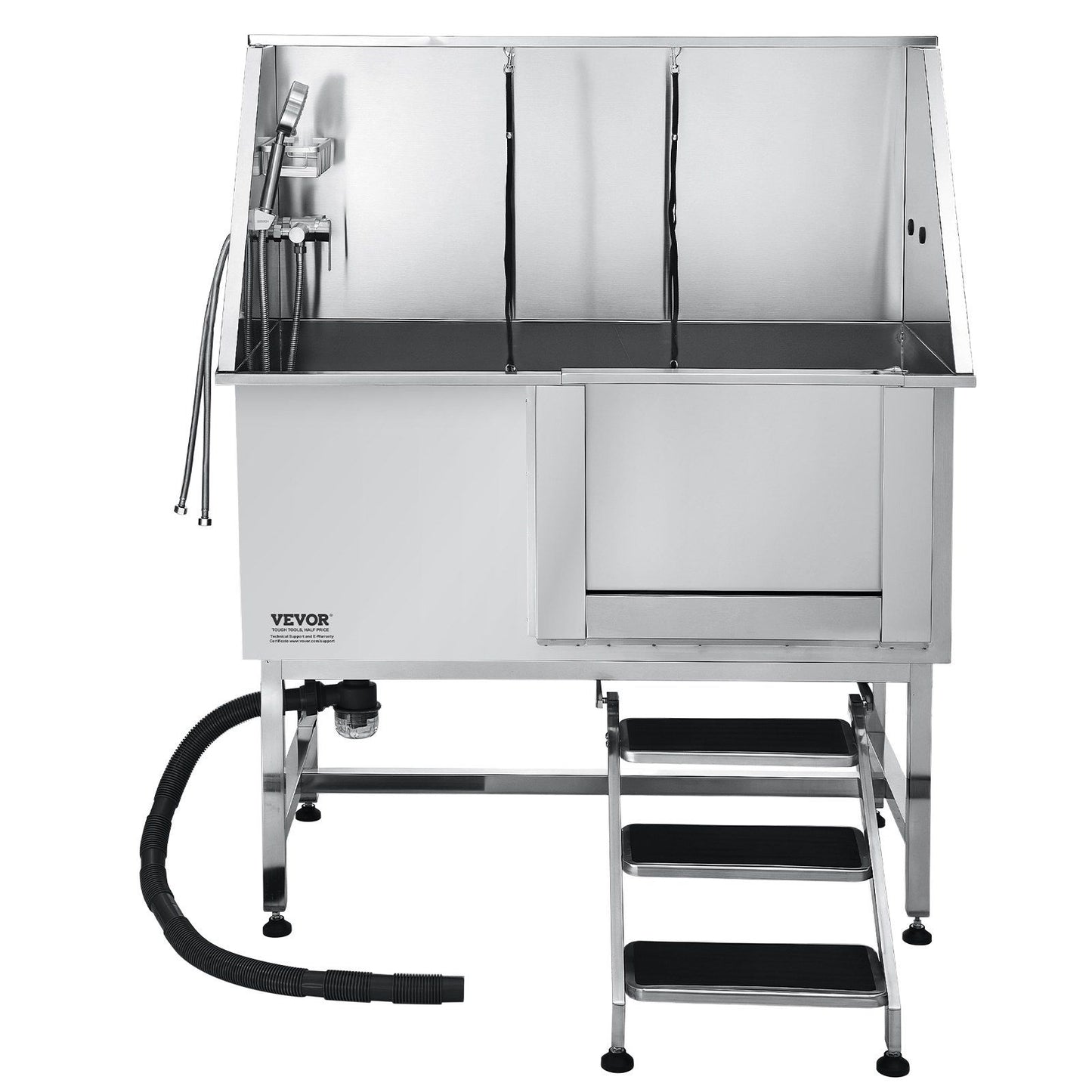 Stainless steel dog grooming tub with adjustable faucets and steps for easy pet bathing