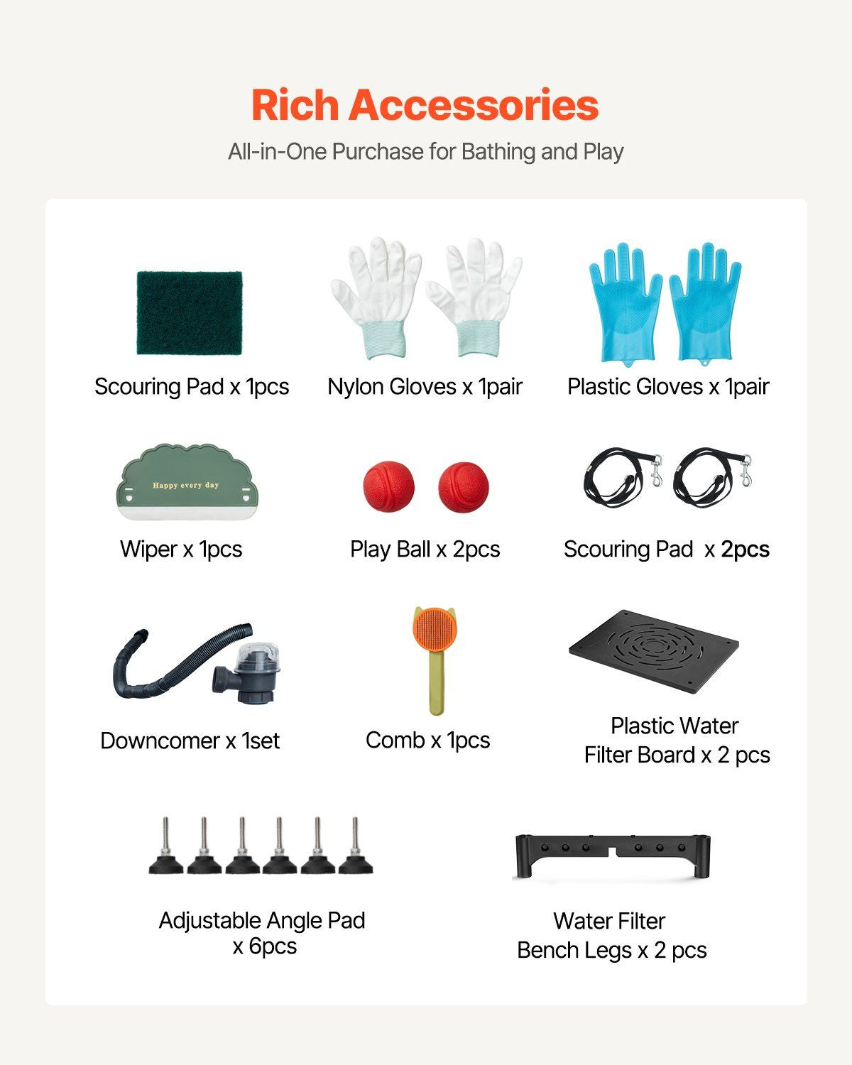 Rich accessories set for stainless steel dog grooming tub including scouring pads, gloves, and toys