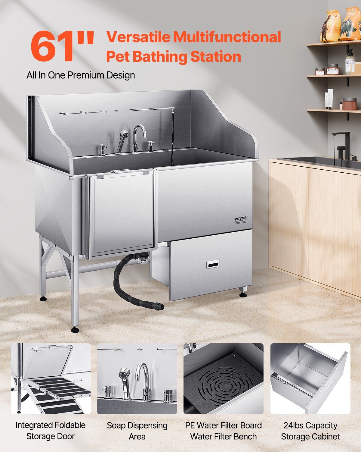 61-inch stainless steel dog grooming tub with integrated storage and soap dispensing area