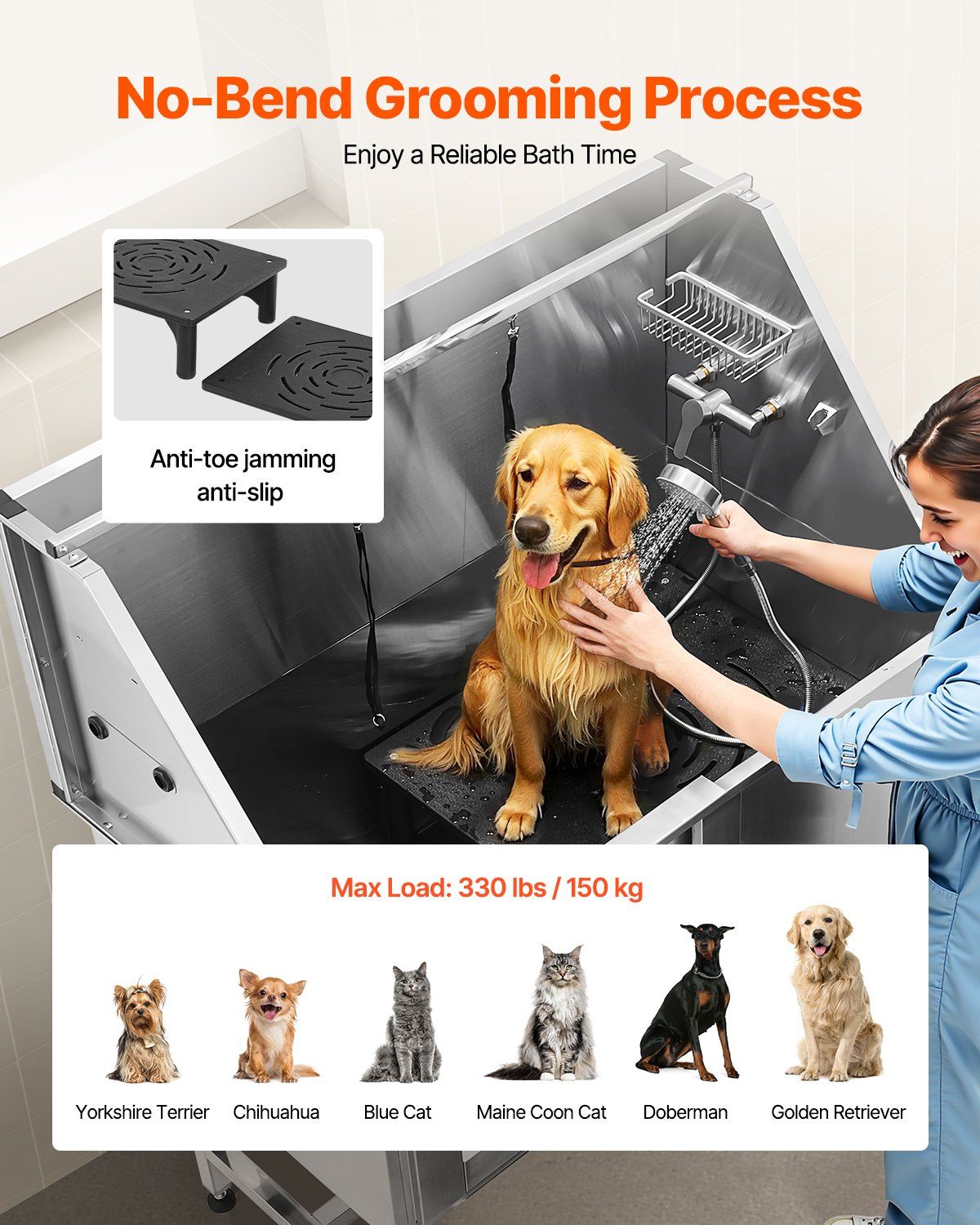 Stainless steel dog grooming tub designed for easy pet bathing with anti-slip features