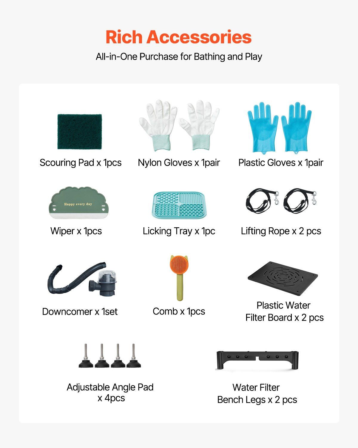 Complete set of accessories for stainless steel dog grooming tub including comb, gloves, and more