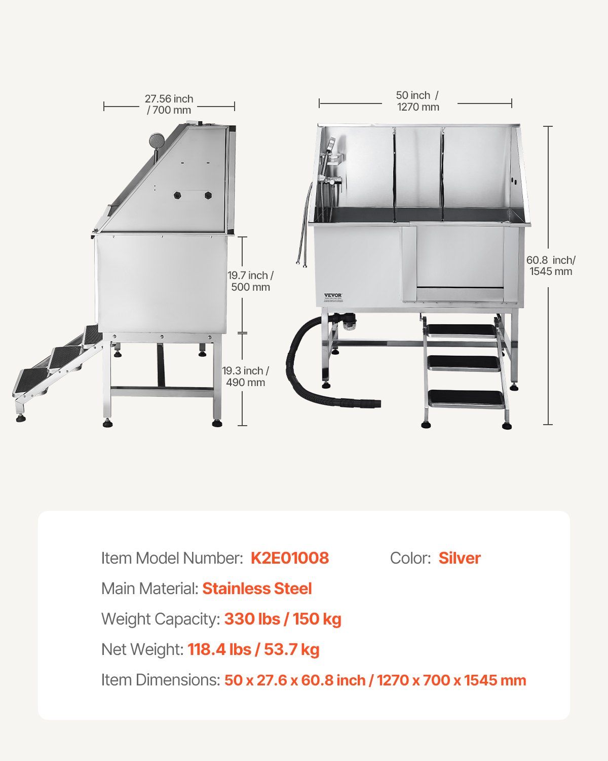 Stainless steel dog grooming tub with a spacious design and high weight capacity for efficient pet grooming