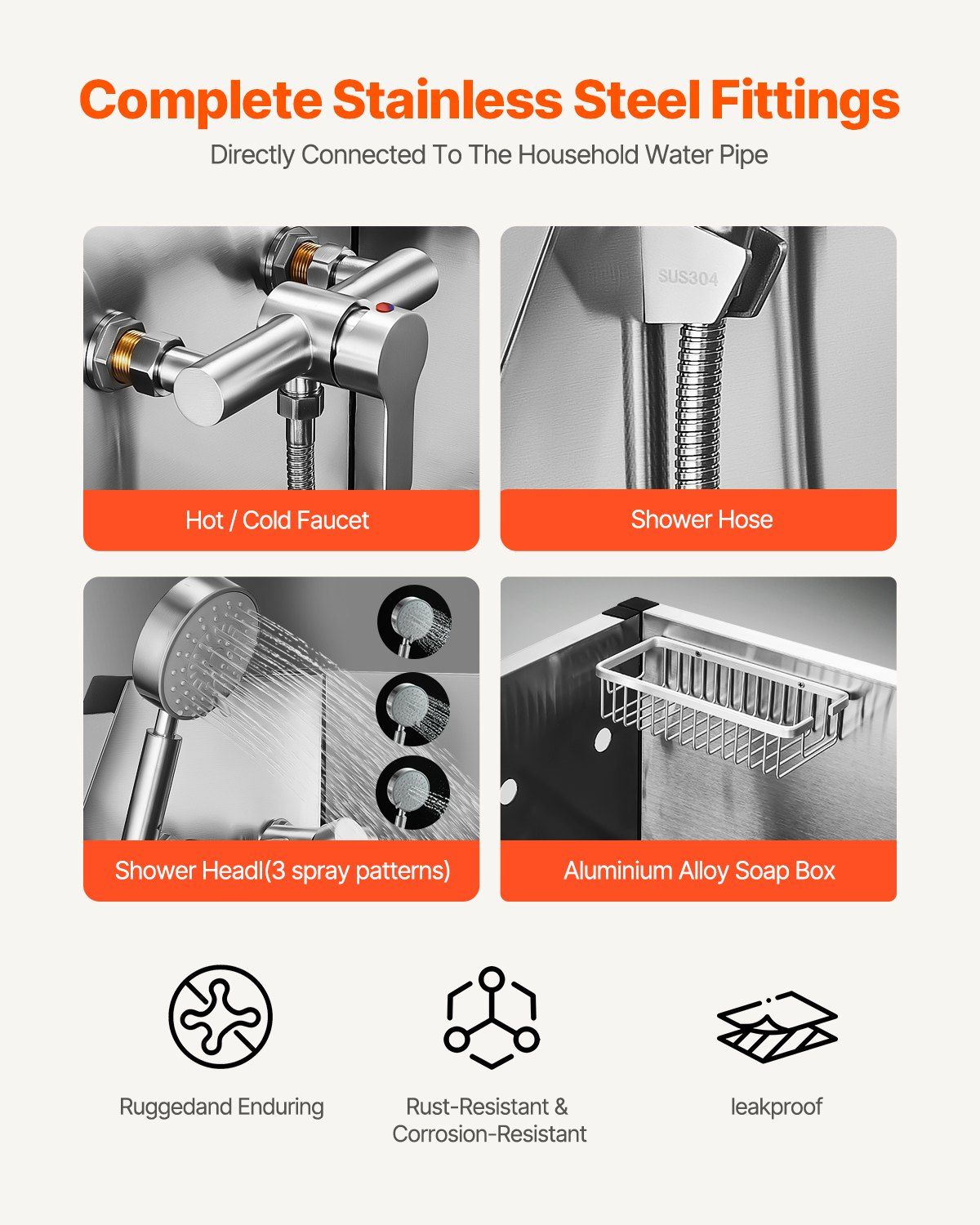 Complete stainless steel dog grooming tub fittings including faucet, shower hose, and soap box for easy use