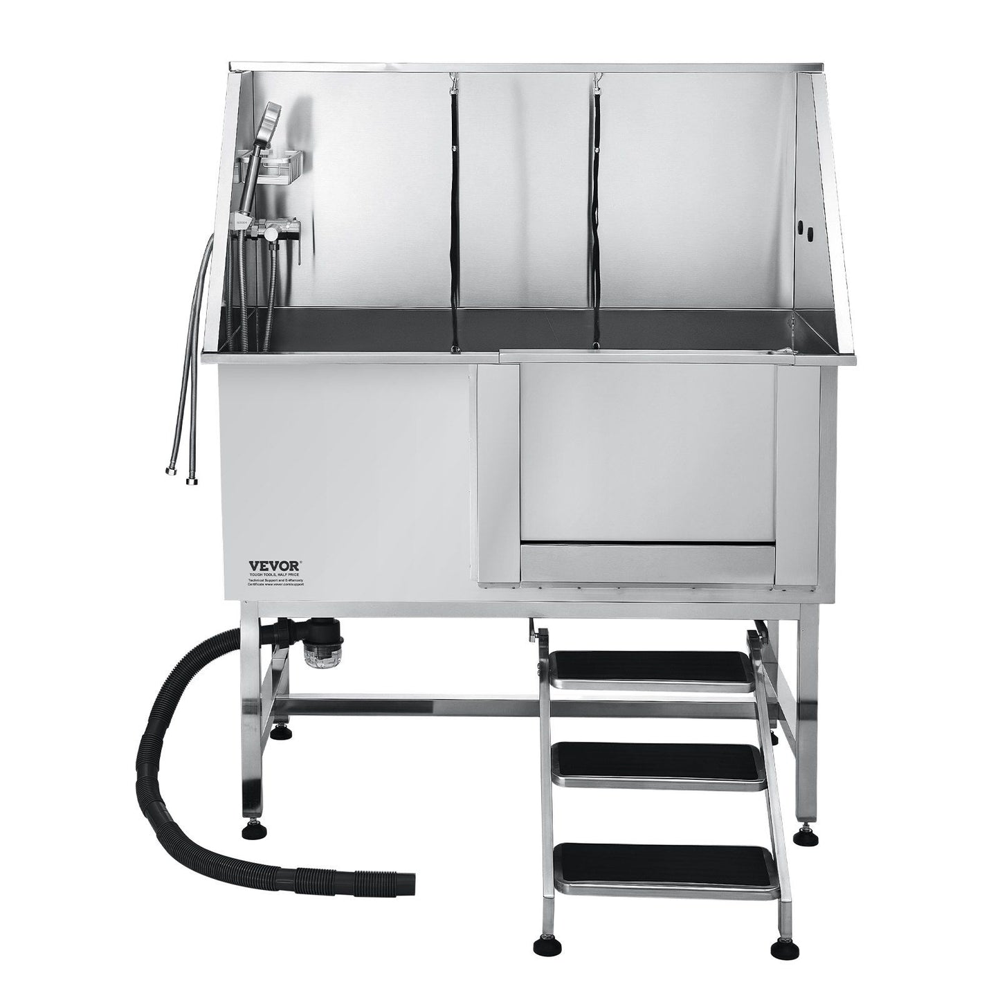 Stainless steel dog grooming tub with dual compartments and adjustable water features for easy pet washing