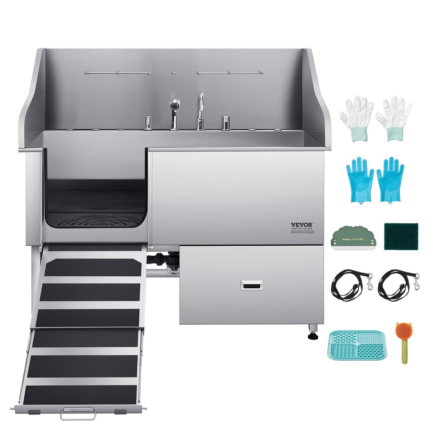 Stainless steel dog grooming tub with adjustable faucet, rubber mat, and accessories for easy pet washing