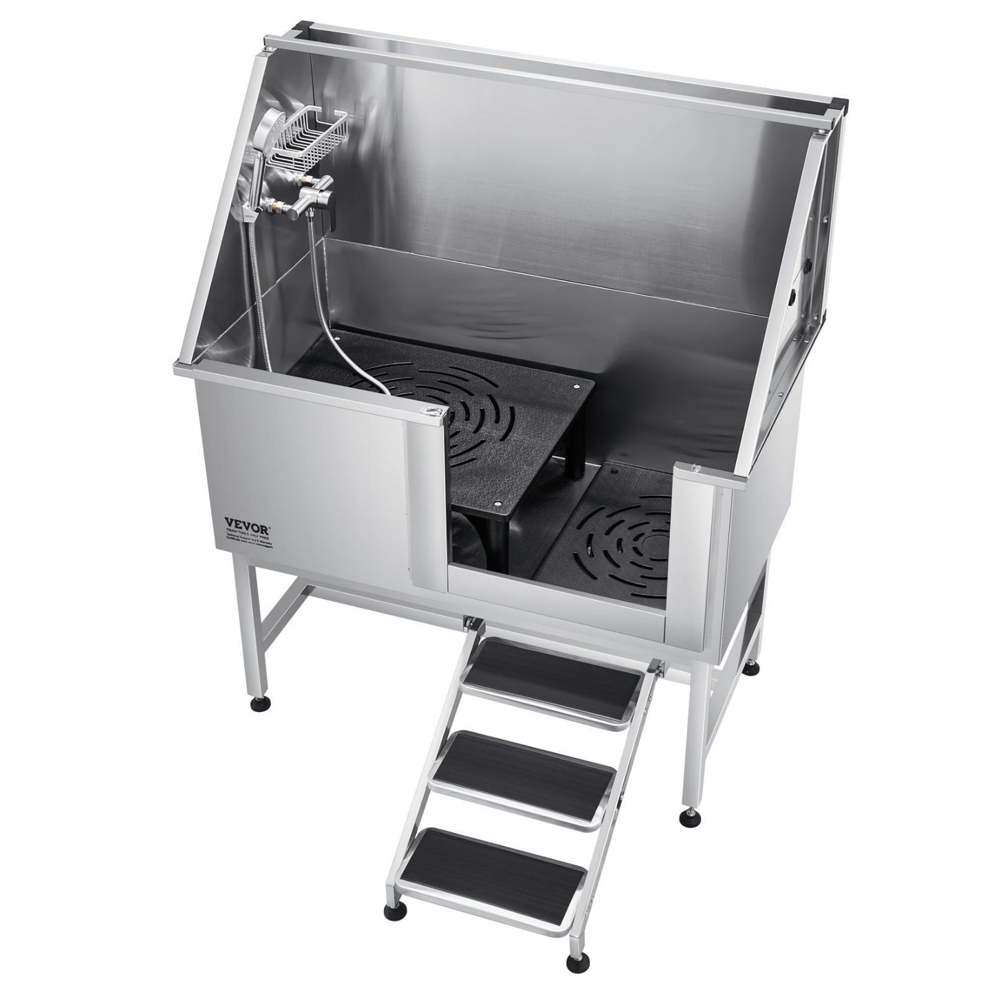 Spacious stainless steel dog grooming tub with adjustable shower head and non-slip steps for easy pet bathing
