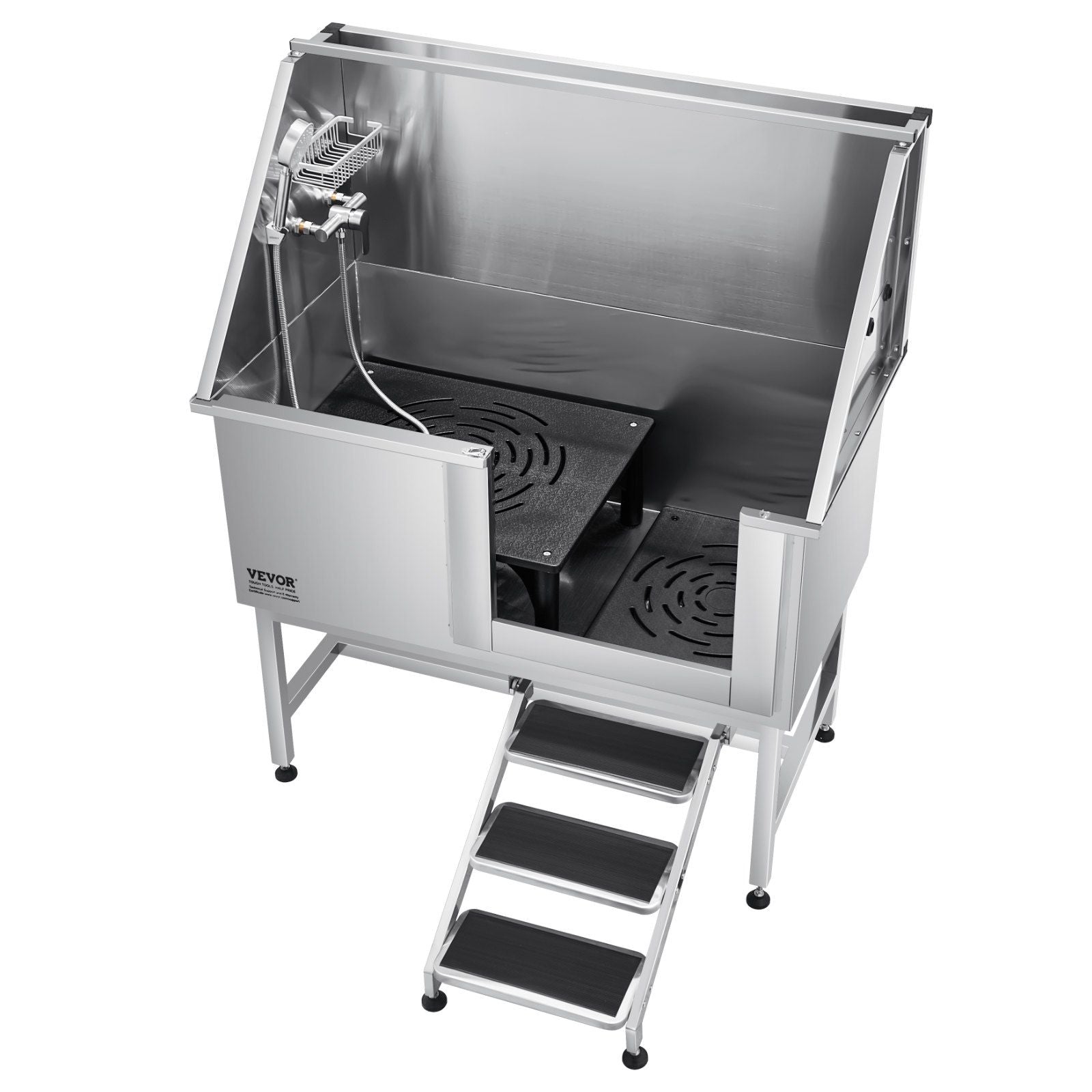 Spacious stainless steel dog grooming tub with adjustable shower head and non-slip steps for easy pet bathing